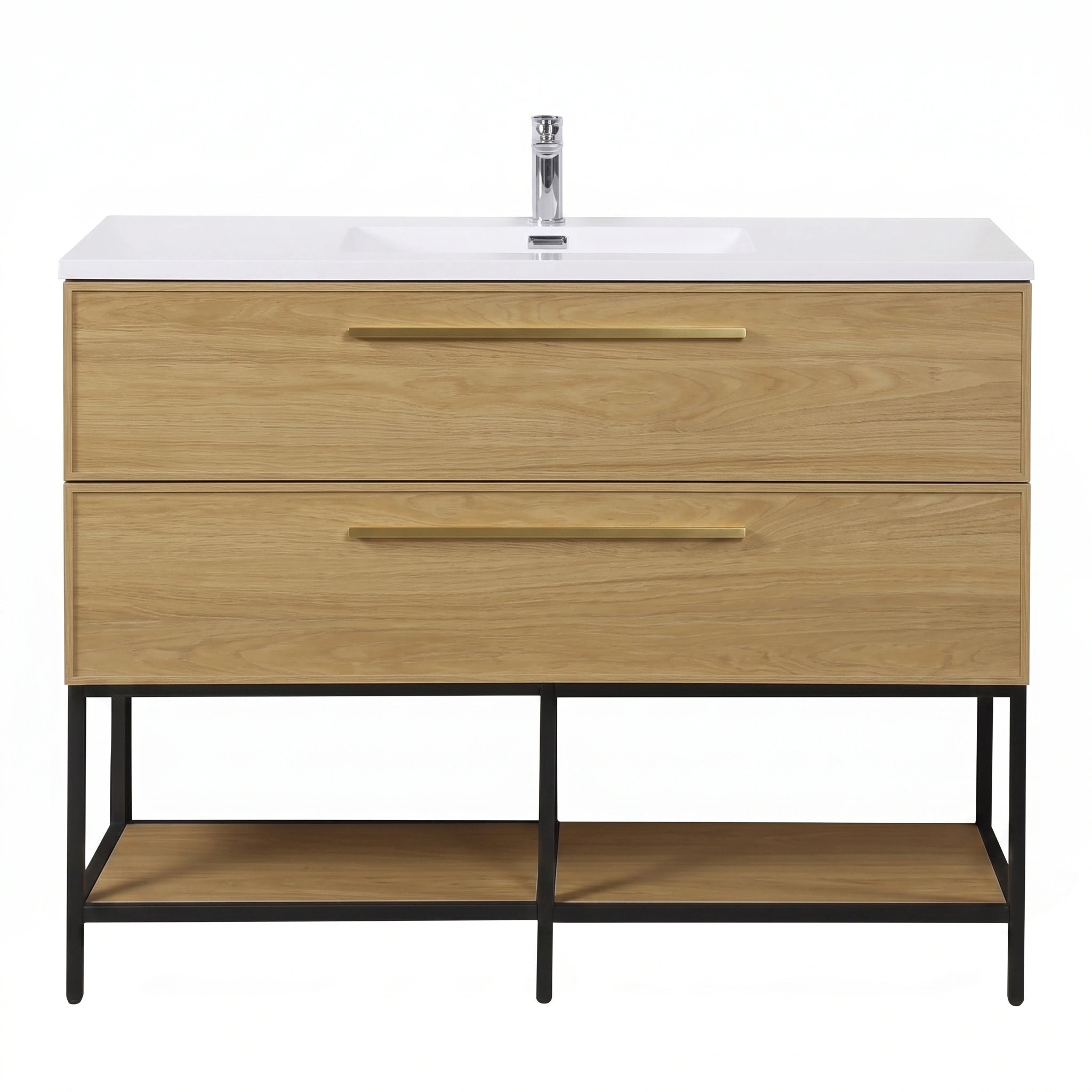 Meuble-lavabo mural 48 po noyer coucher de soleil avec dessus de comptoir en polymarbre blanc avec poignées - Collection Luxe