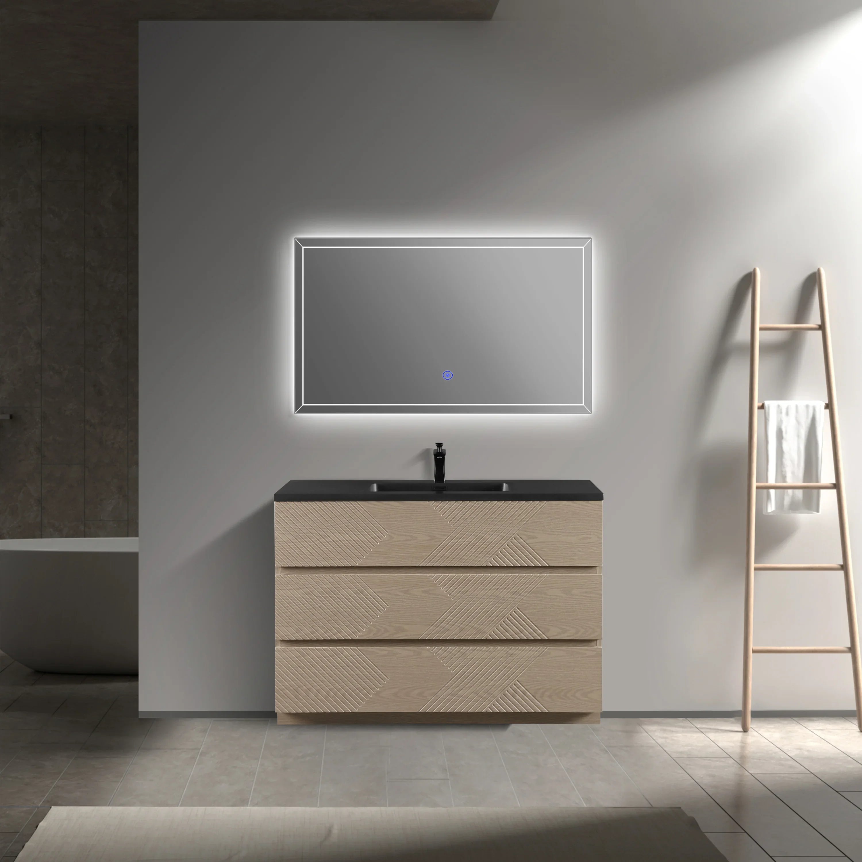 Meuble-Lavabo Autoportant 48po Chêne Taupe avec Comptoir de Quartz d'ingénierie Noir