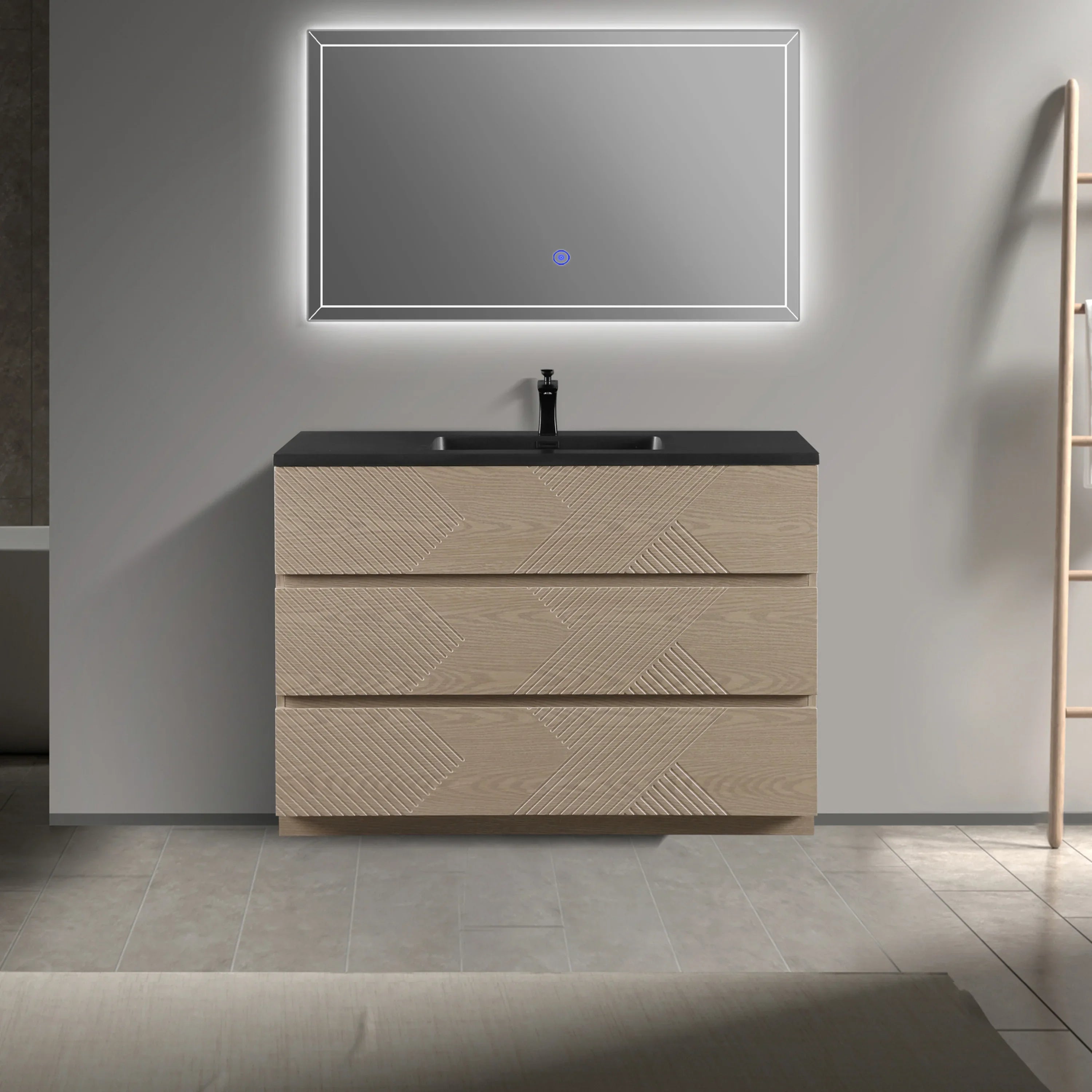Meuble-Lavabo Autoportant 48po Chêne Taupe avec Comptoir de Quartz d'ingénierie Noir