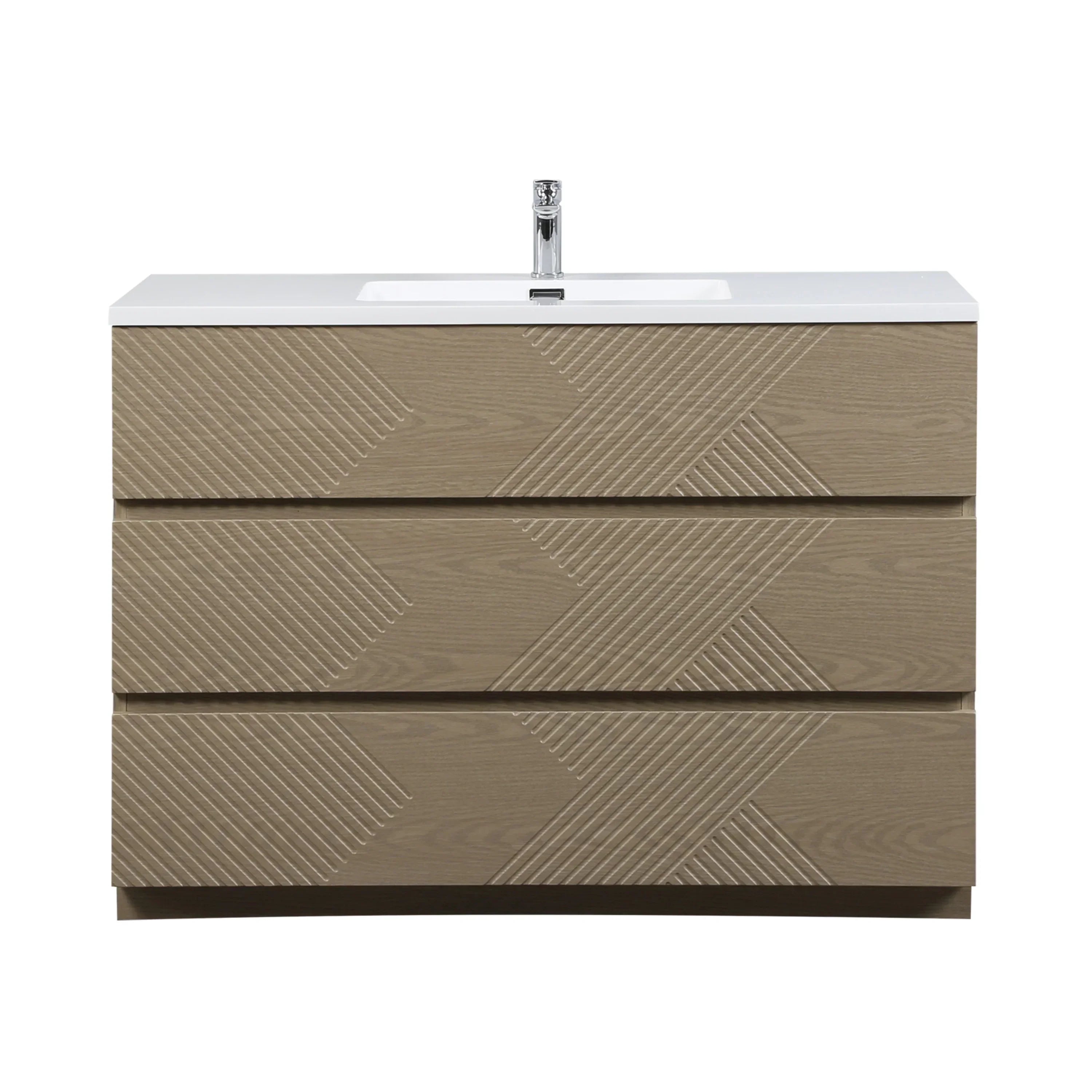 Meuble-Lavabo Autoportant 48po Chêne Taupe avec Comptoir de Polymarbre Blanc