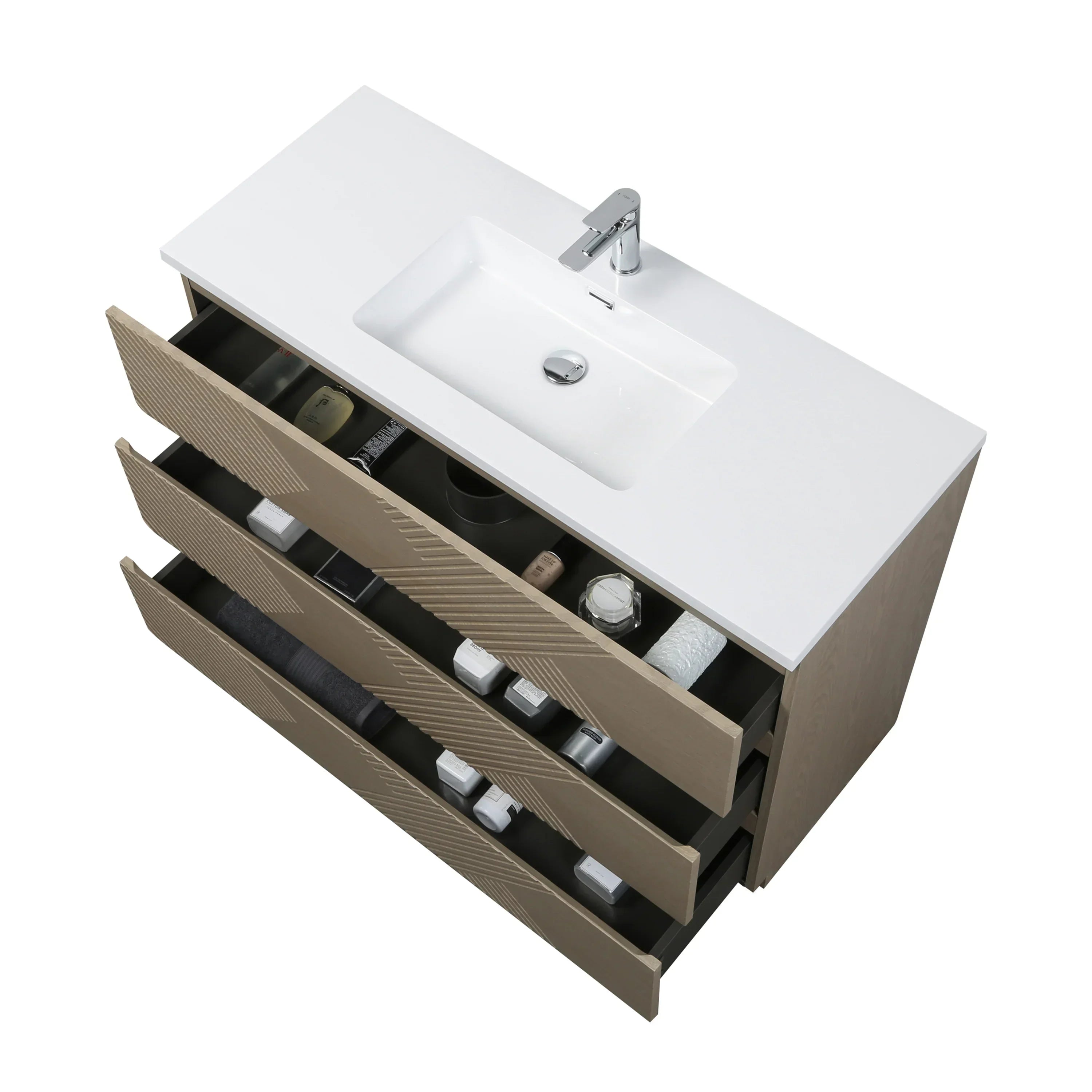 Meuble-Lavabo Autoportant 48po Chêne Taupe avec Comptoir de Polymarbre Blanc