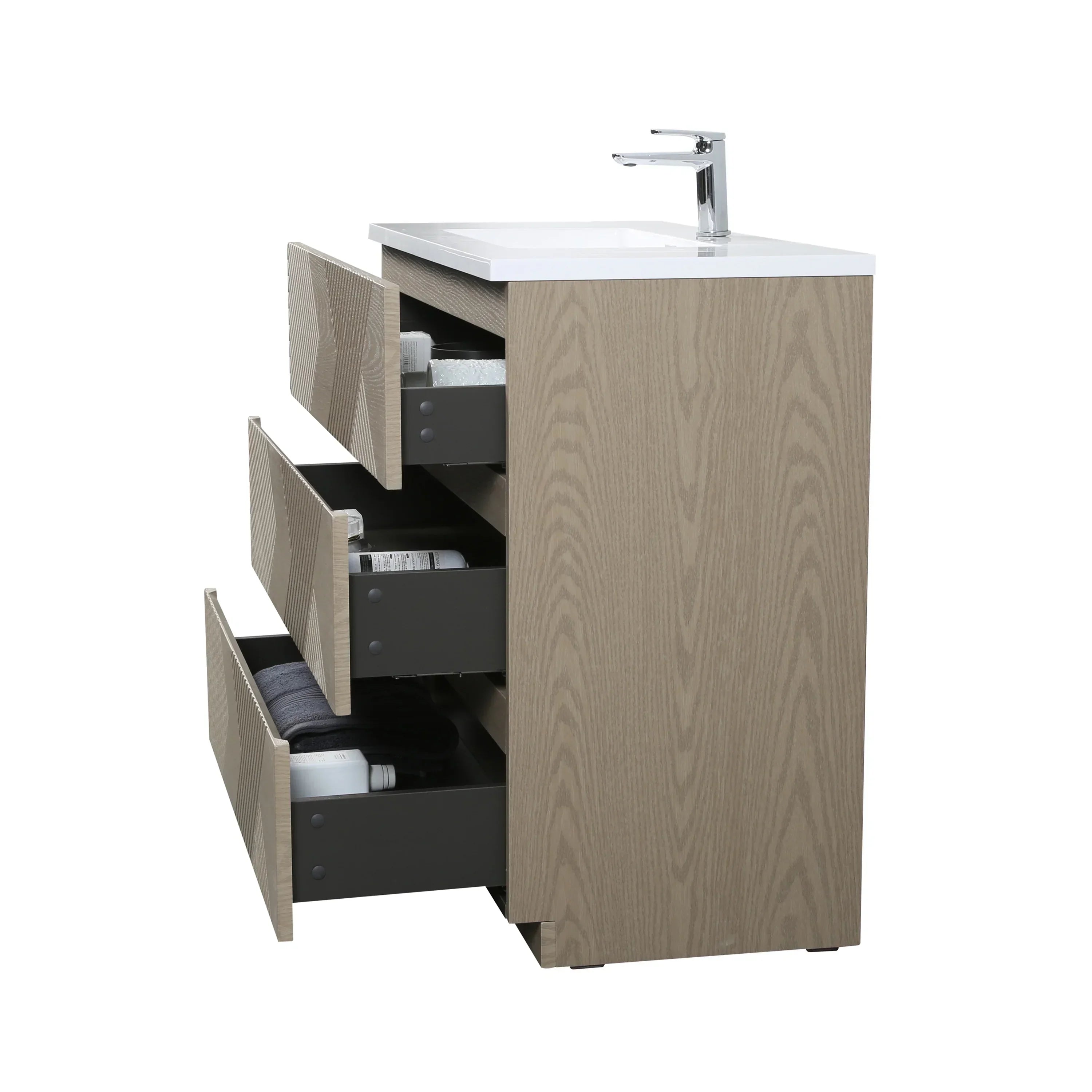 Meuble-Lavabo Autoportant 48po Chêne Taupe avec Comptoir de Polymarbre Blanc