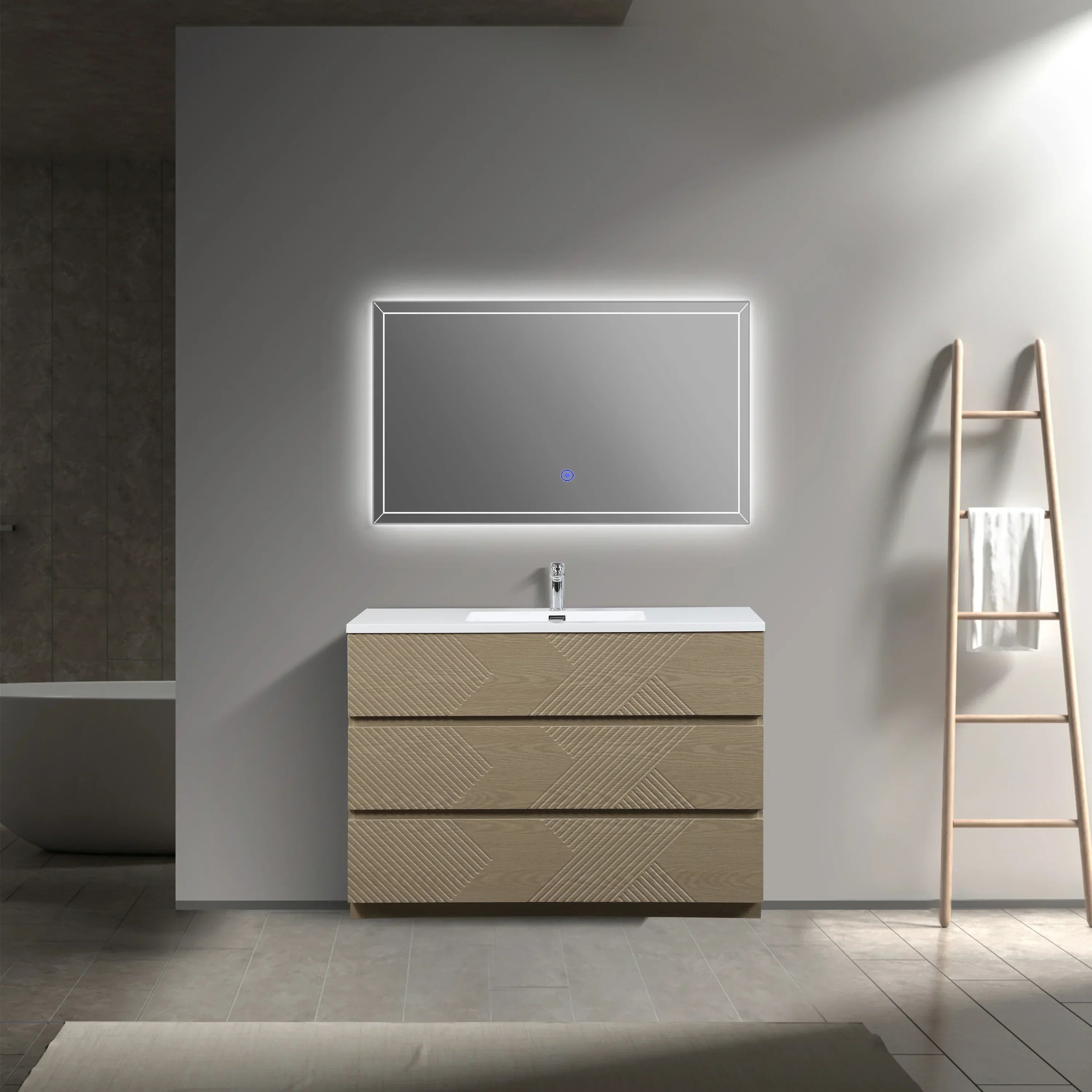 Meuble-Lavabo Autoportant 48po Chêne Taupe avec Comptoir de Polymarbre Blanc