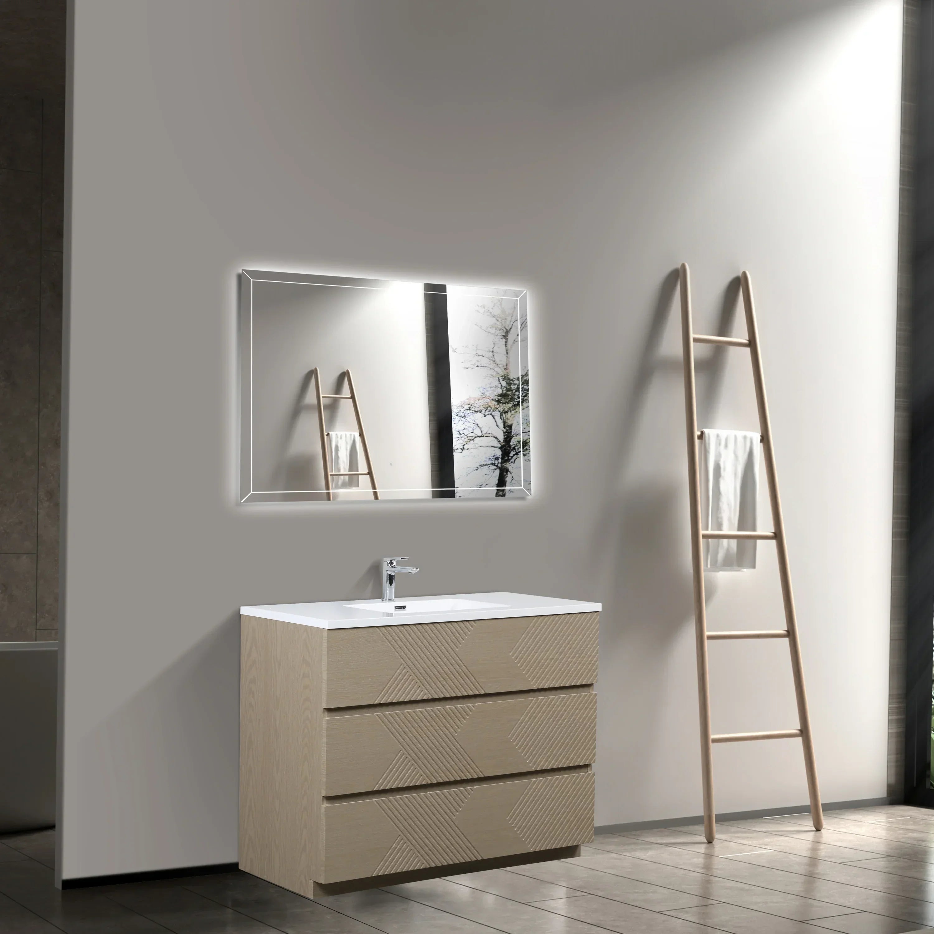 Meuble-Lavabo Autoportant 48po Chêne Taupe avec Comptoir de Polymarbre Blanc