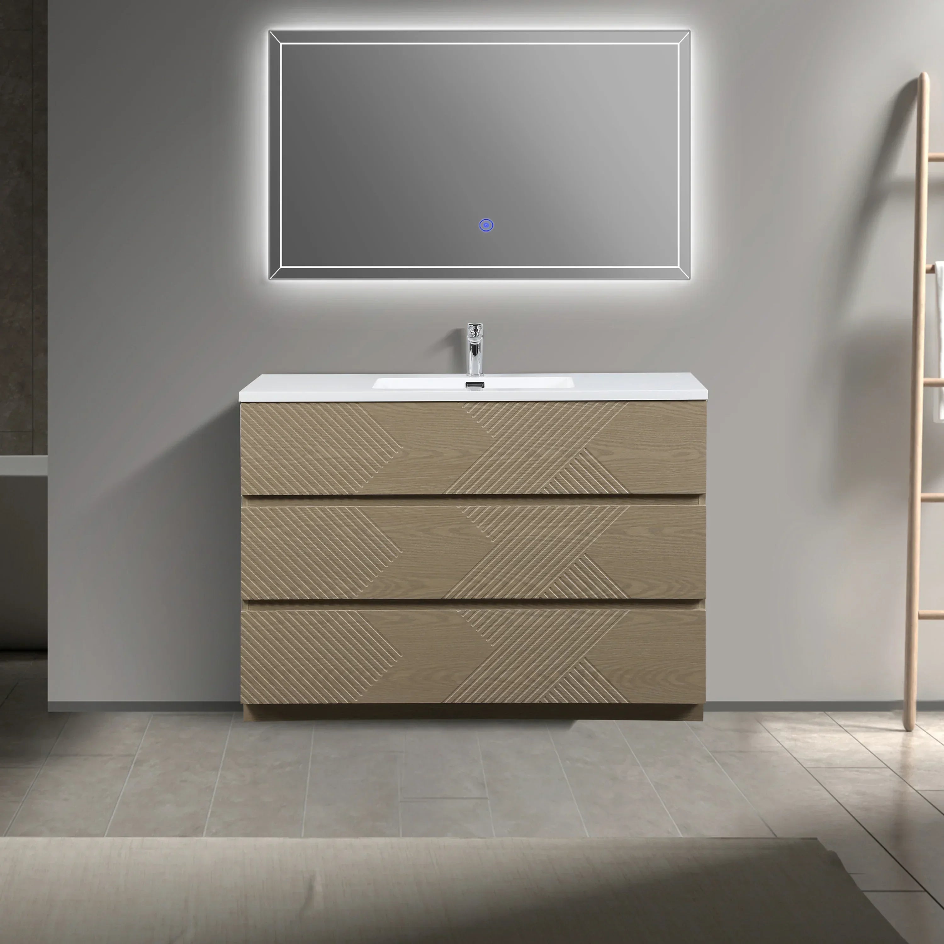 Meuble-Lavabo Autoportant 48po Chêne Taupe avec Comptoir de Polymarbre Blanc