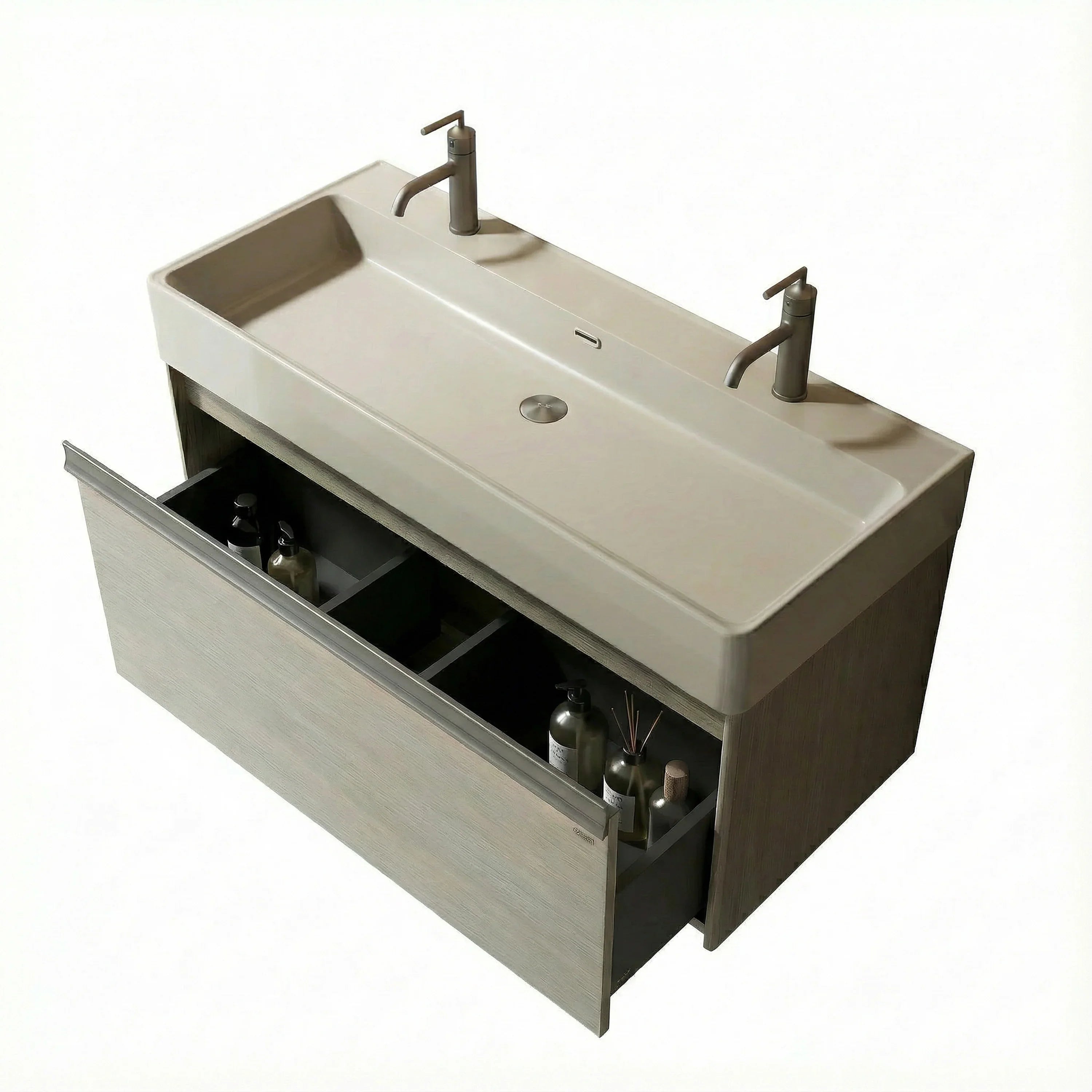 48" Taupe Wall Mount Vanity with Light Taupe Nano Solid Surface Integrated Countertop with Pop-up