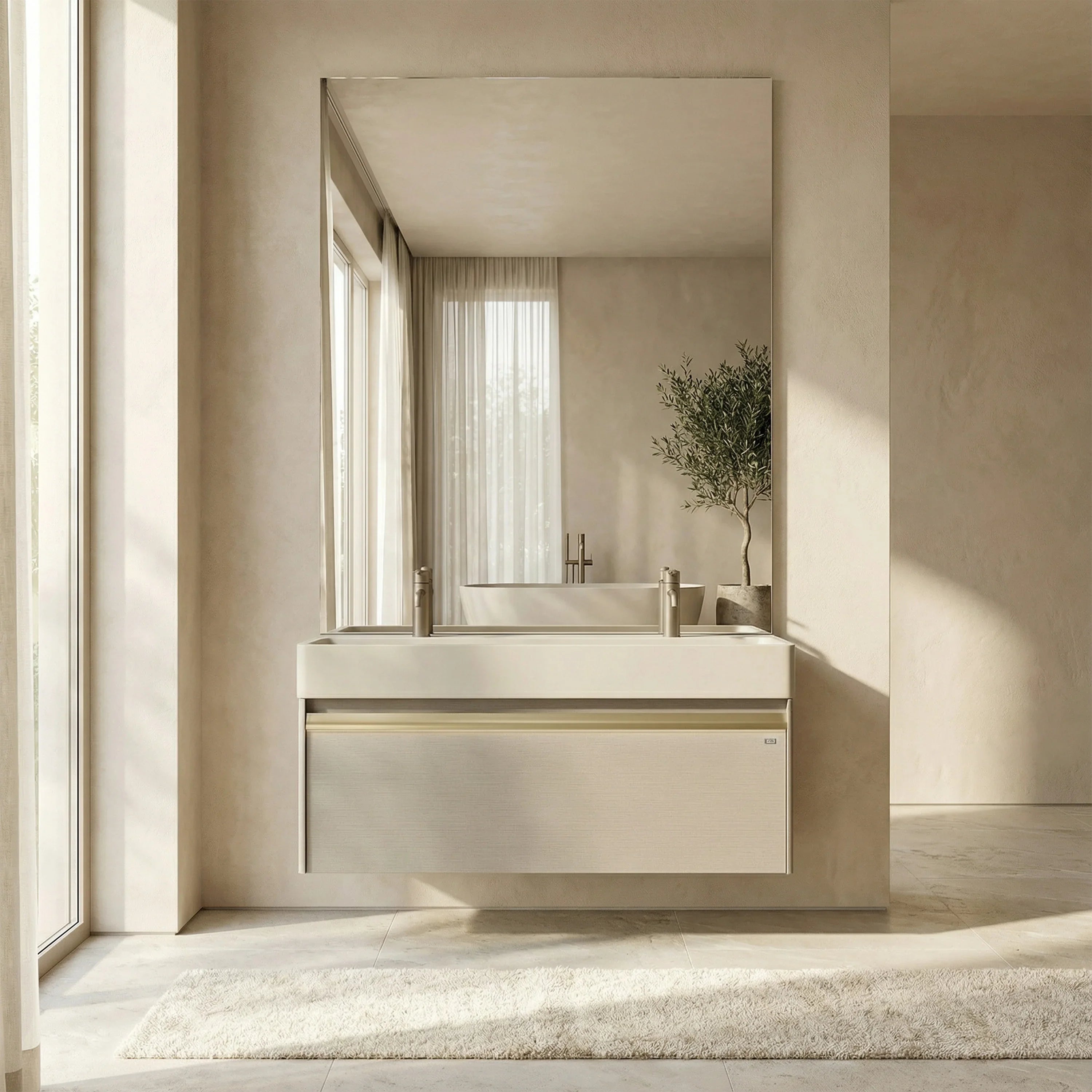 48" Taupe Wall Mount Vanity with Light Taupe Nano Solid Surface Integrated Countertop with Pop-up