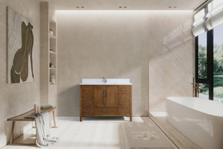 Meuble-lavabo autoportant en noyer de 48 po avec comptoir en marbre reconstitué de Calacatta