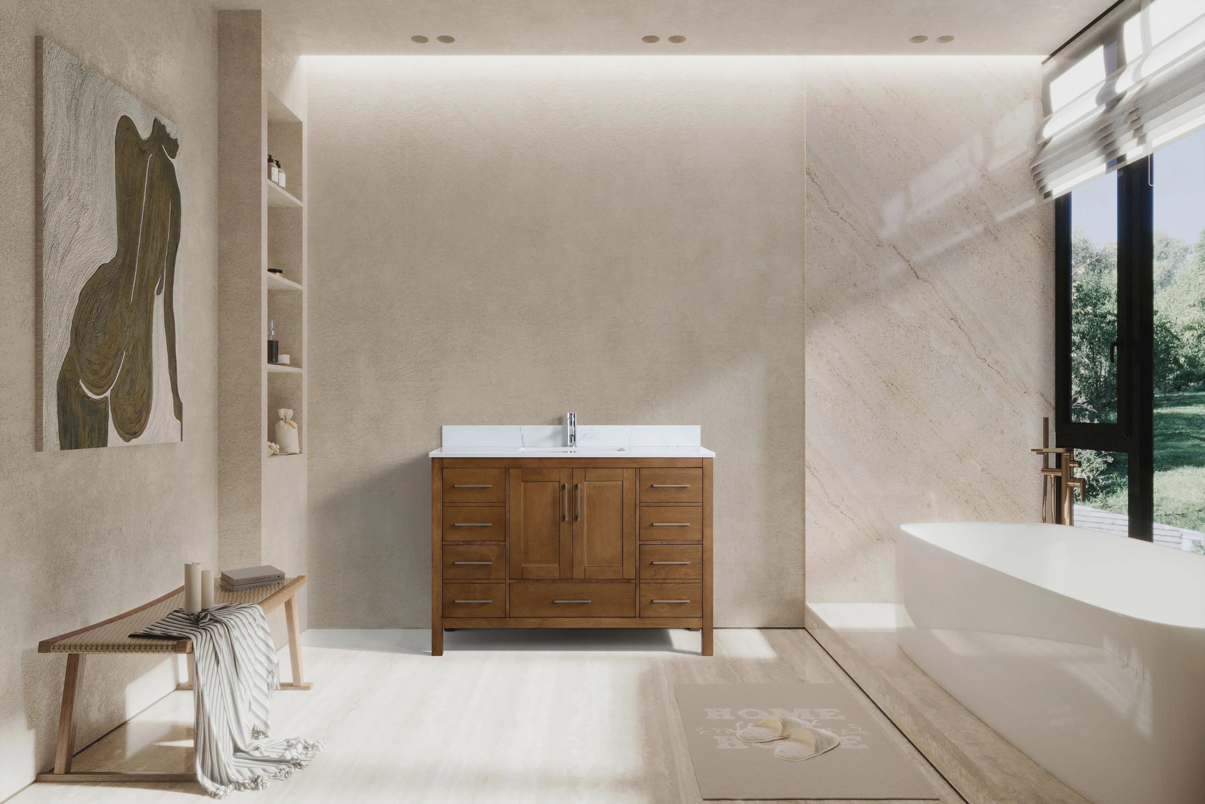 48" Walnut Freestanding Bathroom Vanity with Engineered Calcutta Marble Countertop