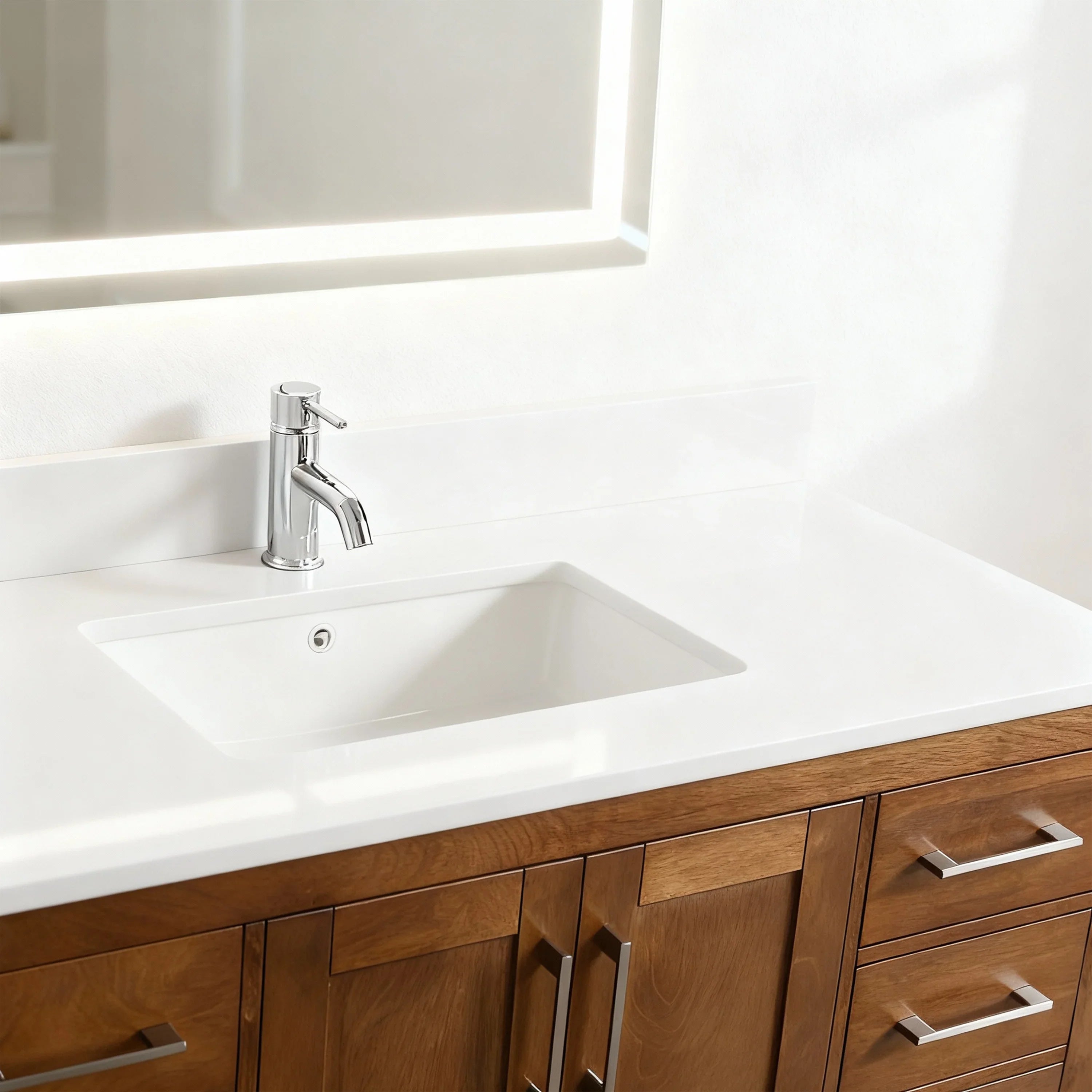 48" Walnut Freestanding Bathroom Vanity with Engineered White Marble Countertop