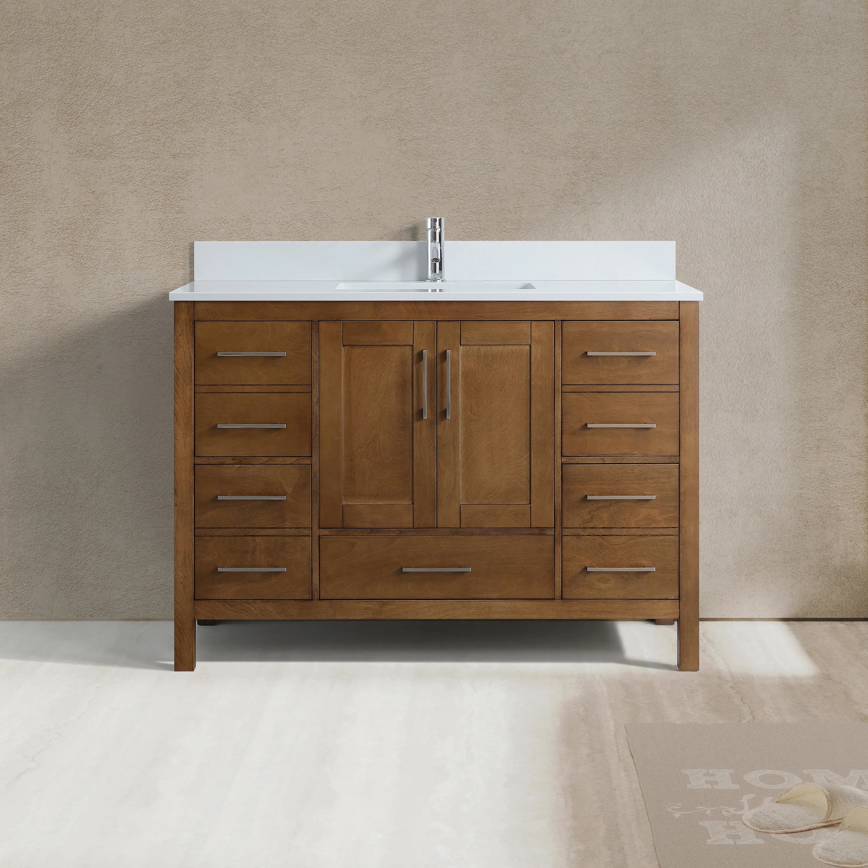 48" Walnut Freestanding Bathroom Vanity with Engineered White Marble Countertop