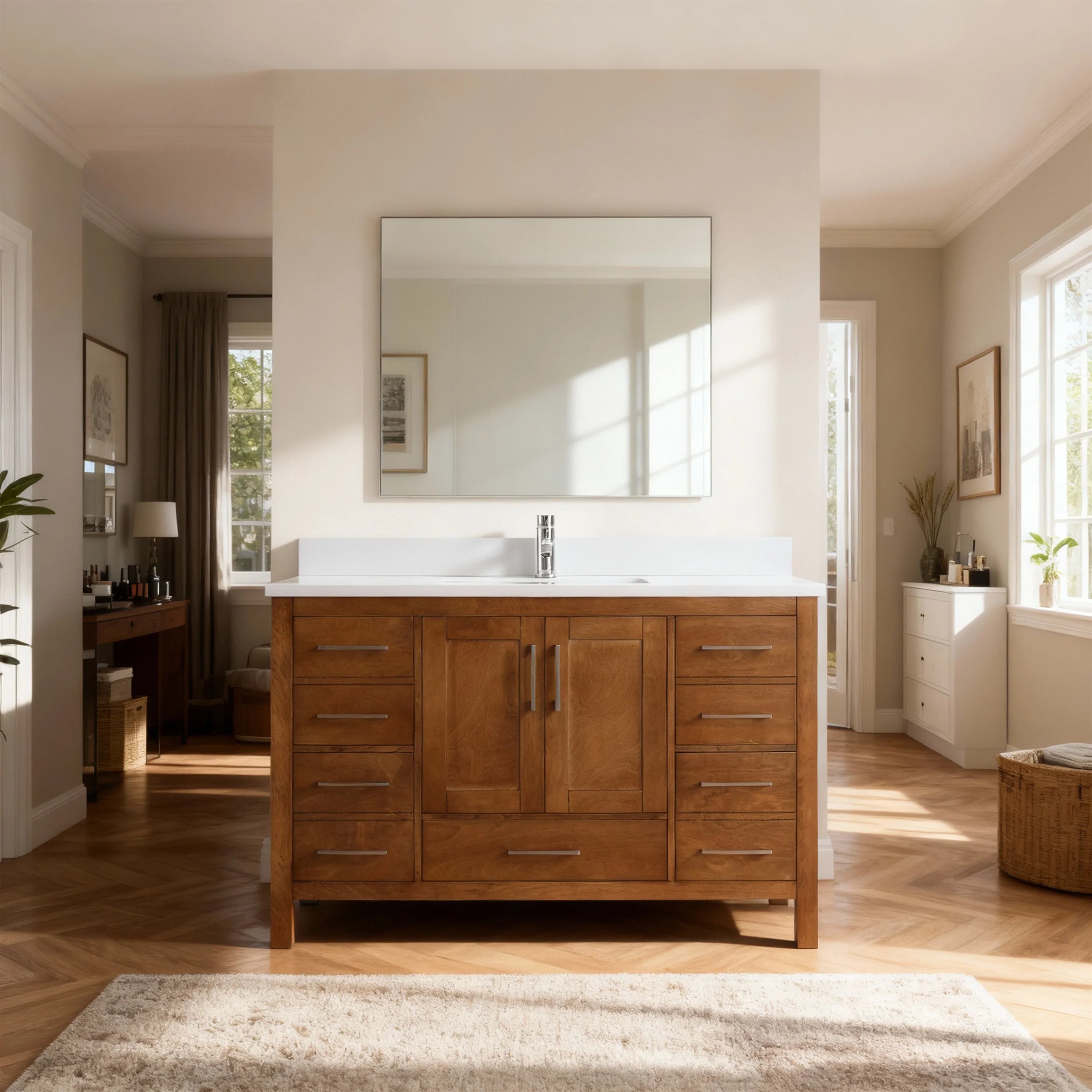 48" Walnut Freestanding Bathroom Vanity with Engineered White Marble Countertop