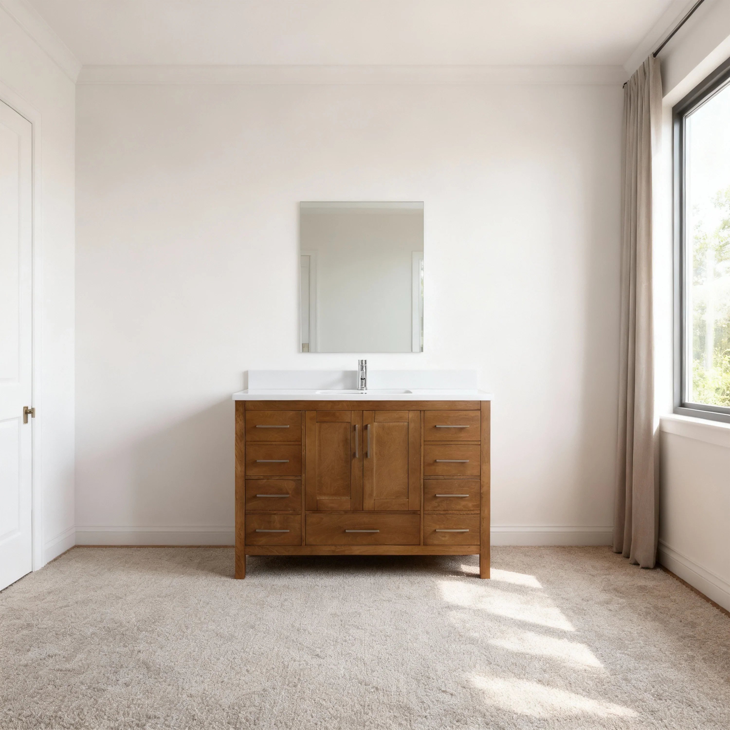48" Walnut Freestanding Bathroom Vanity with Engineered White Marble Countertop