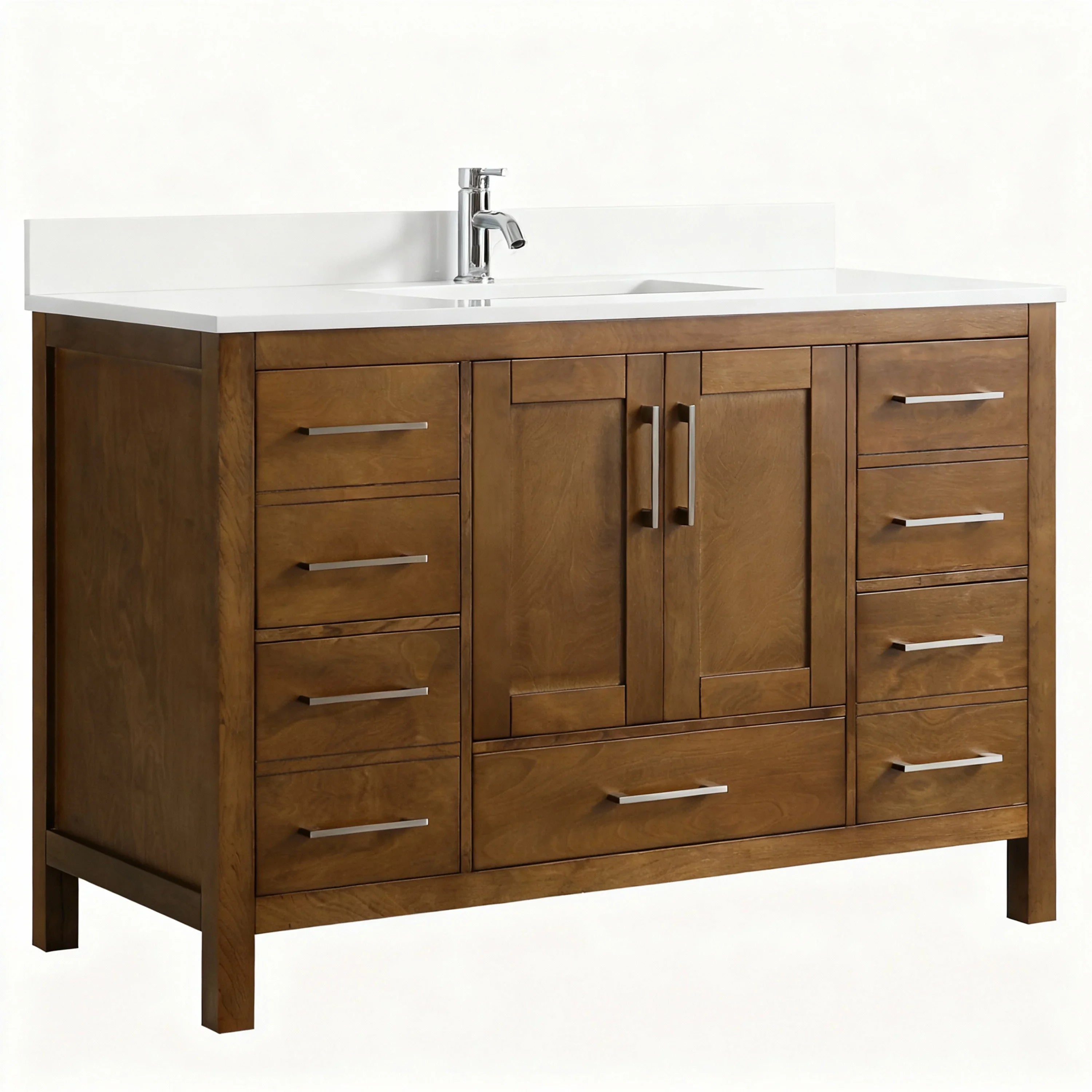 48" Walnut Freestanding Bathroom Vanity with Engineered White Marble Countertop