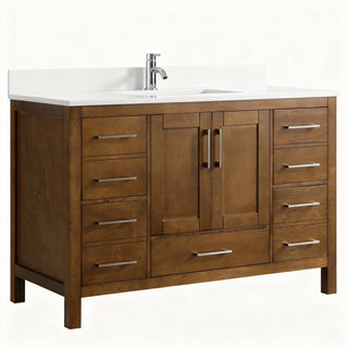 48" Walnut Freestanding Bathroom Vanity with Engineered White Marble Countertop