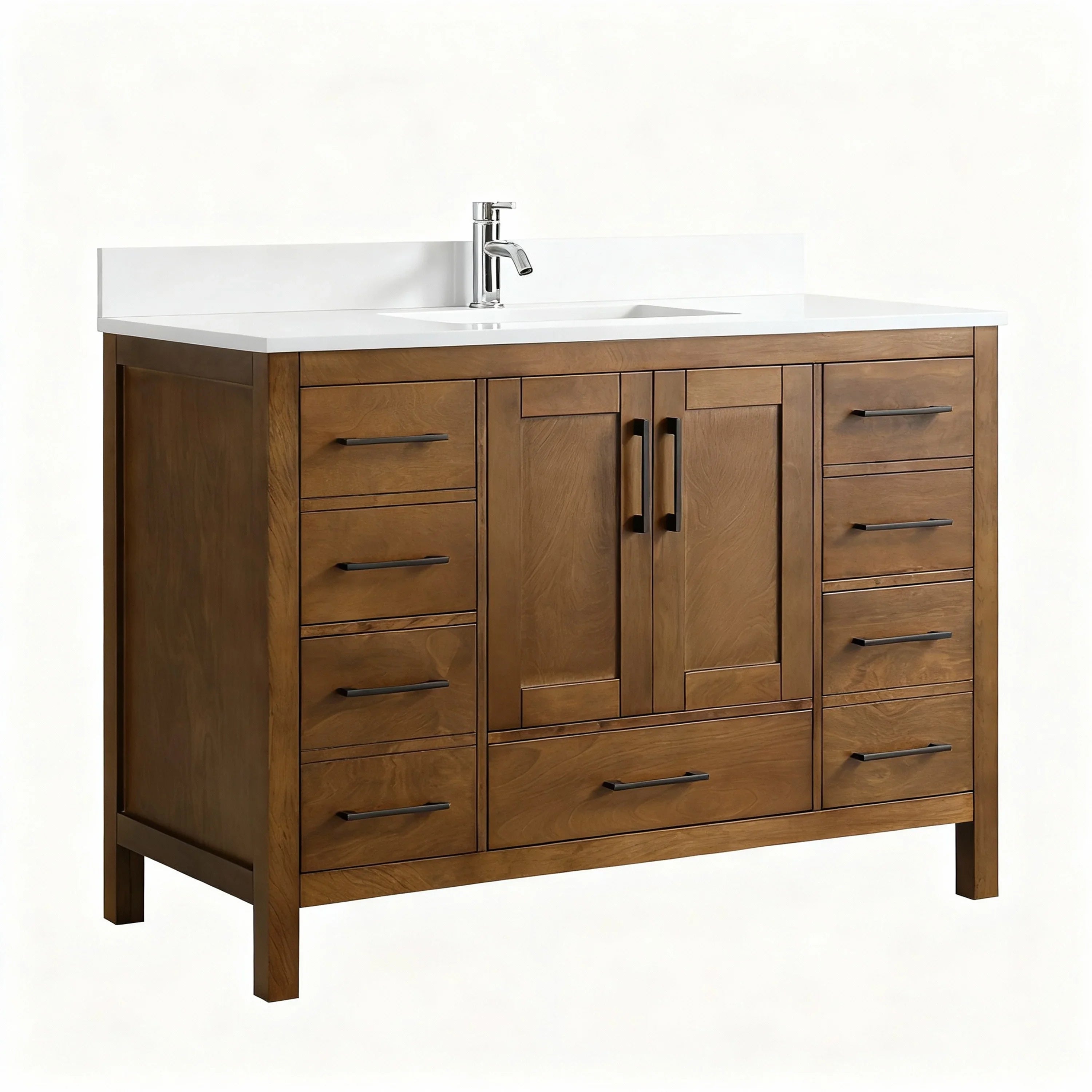 48" Walnut Freestanding Bathroom Vanity with Engineered White Marble Countertop
