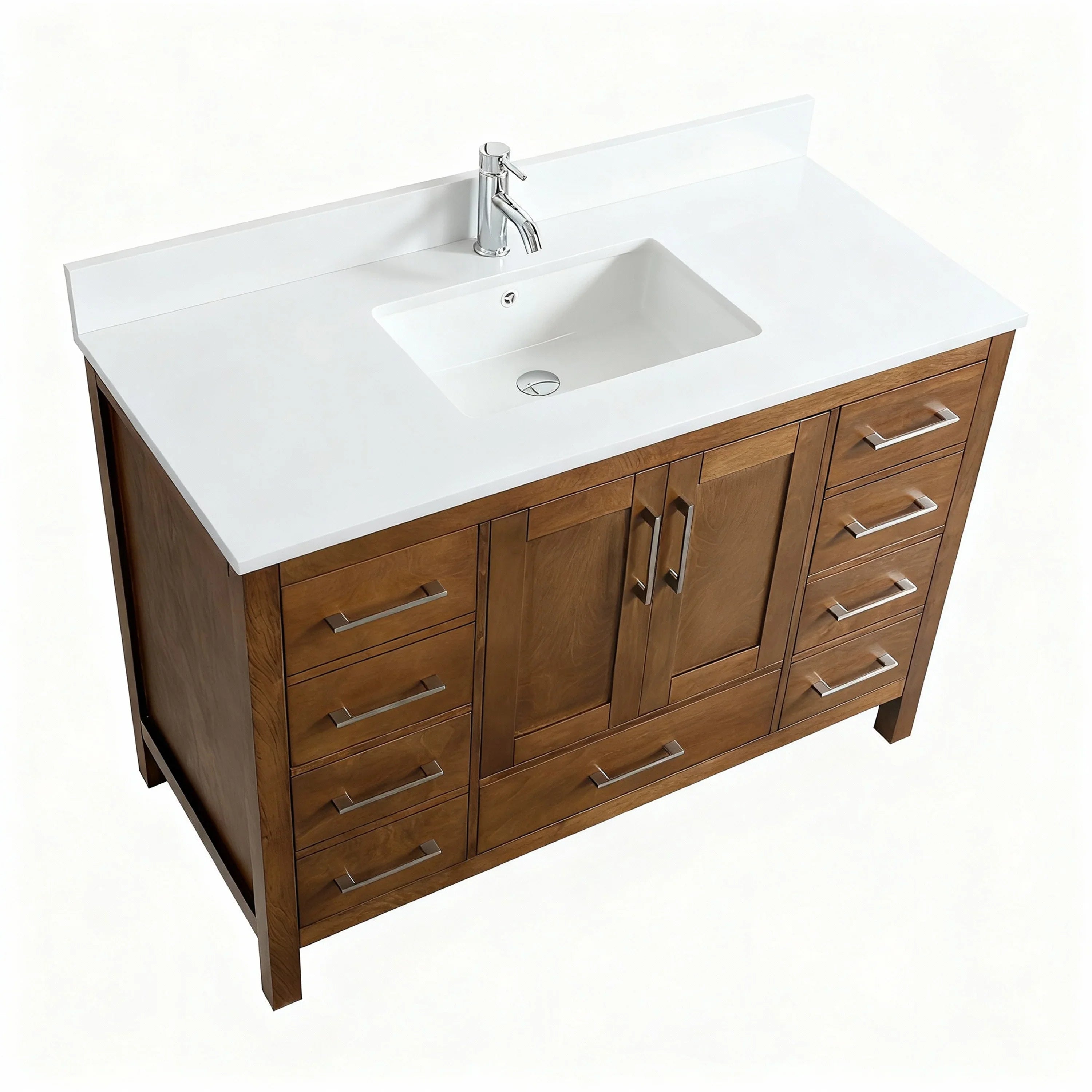 48" Walnut Freestanding Bathroom Vanity with Engineered White Marble Countertop