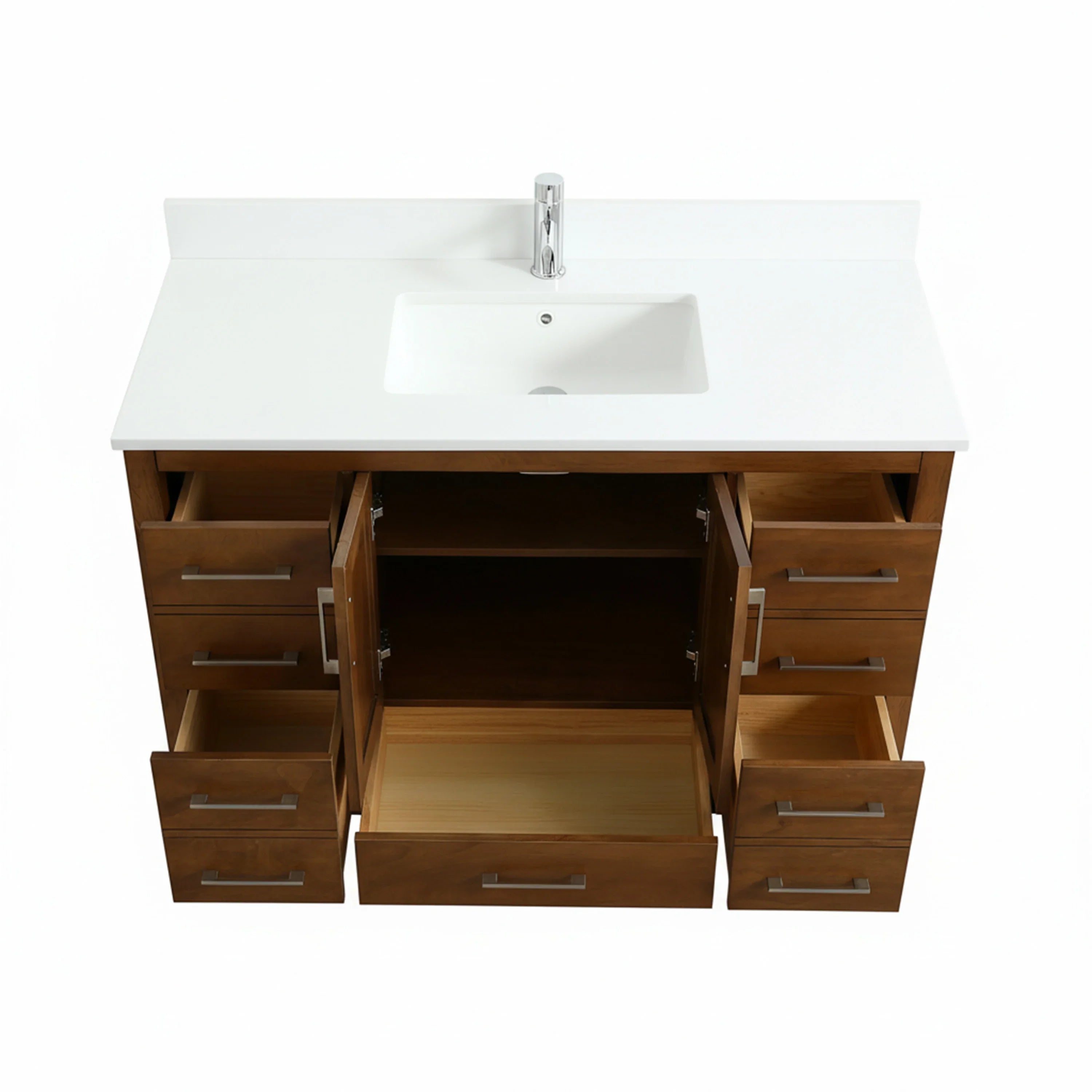 48" Walnut Freestanding Bathroom Vanity with Engineered White Marble Countertop