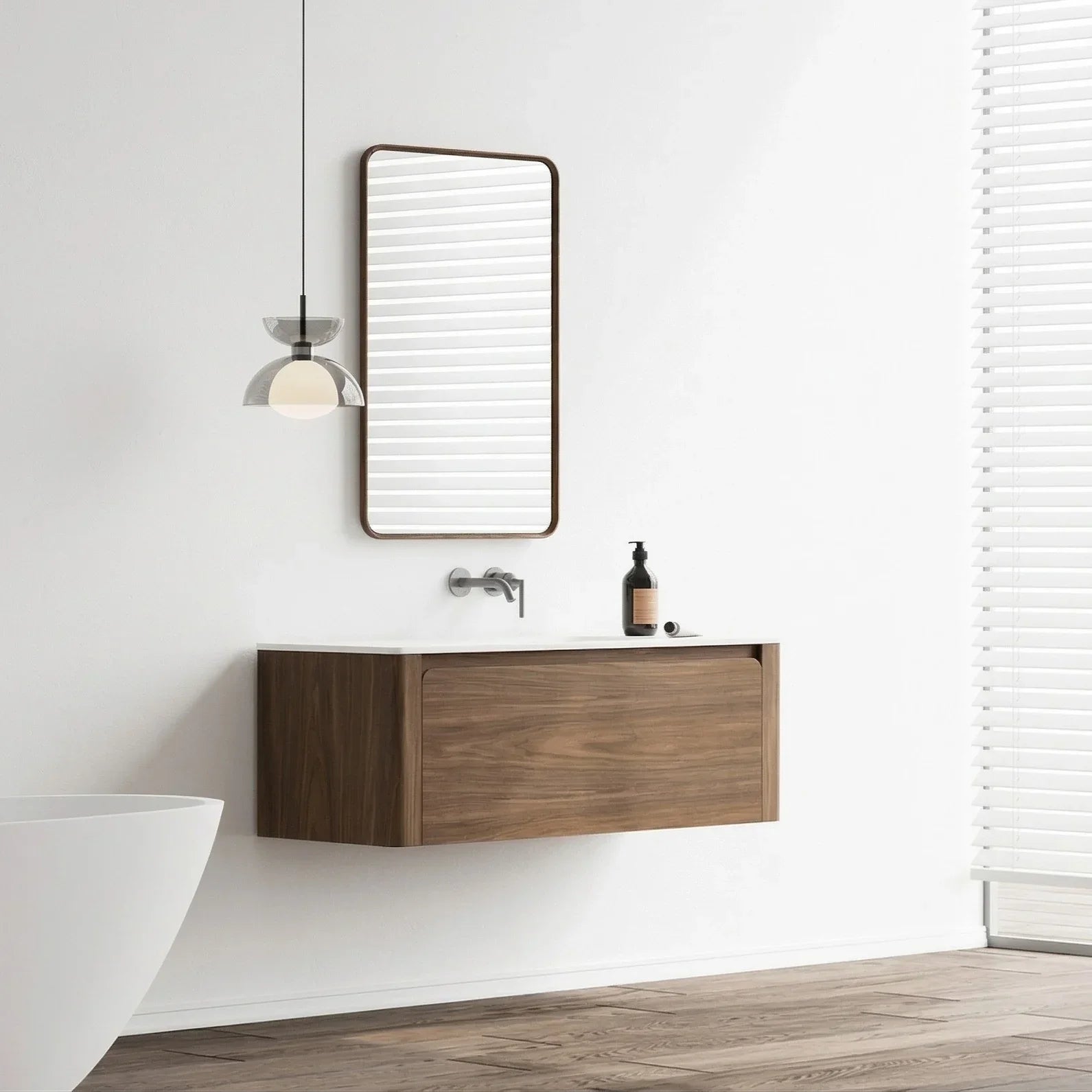 Meuble-Lavabo Mural 48po Noyer avec Comptoir de Surface solide Blanc Mat