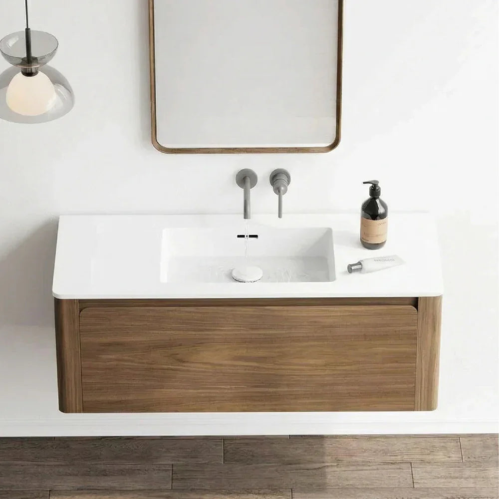 Meuble-Lavabo Mural 48po Noyer avec Comptoir de Surface solide Blanc Mat