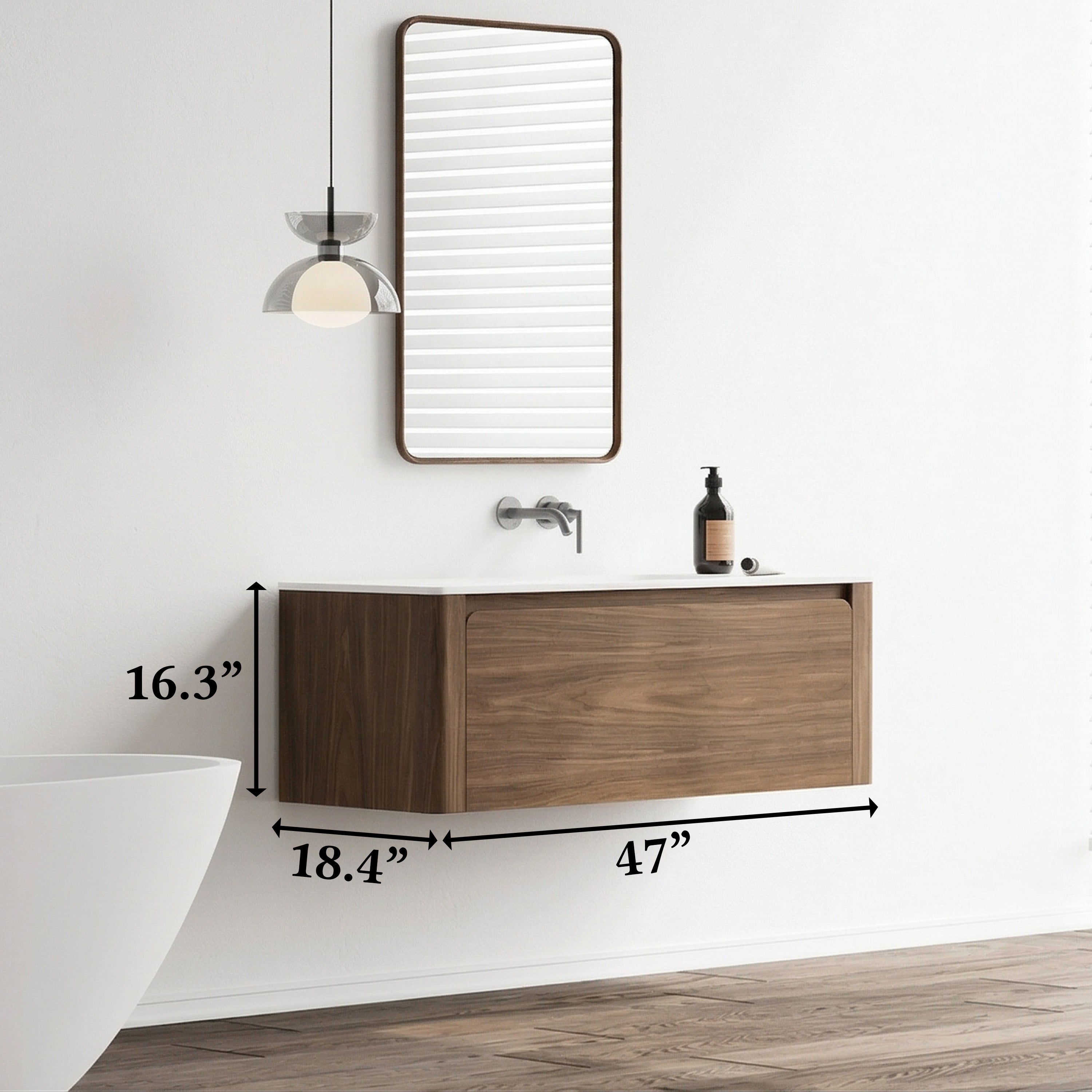 48" Walnut Wall Mount Single Sink Bathroom Vanity with Matte White Solid Surface Countertop