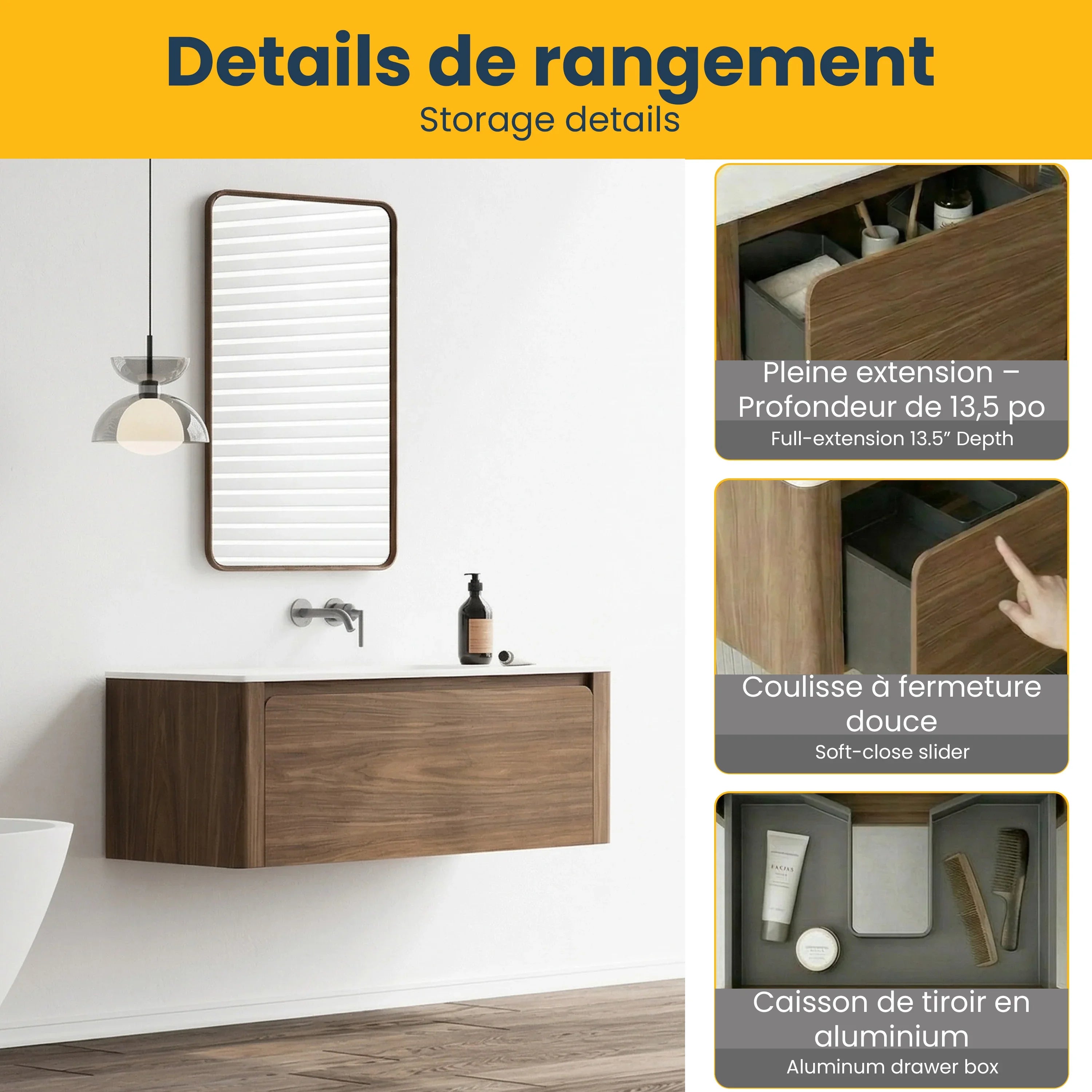 Meuble-Lavabo Mural 48po Noyer avec Comptoir de Surface solide Blanc Mat