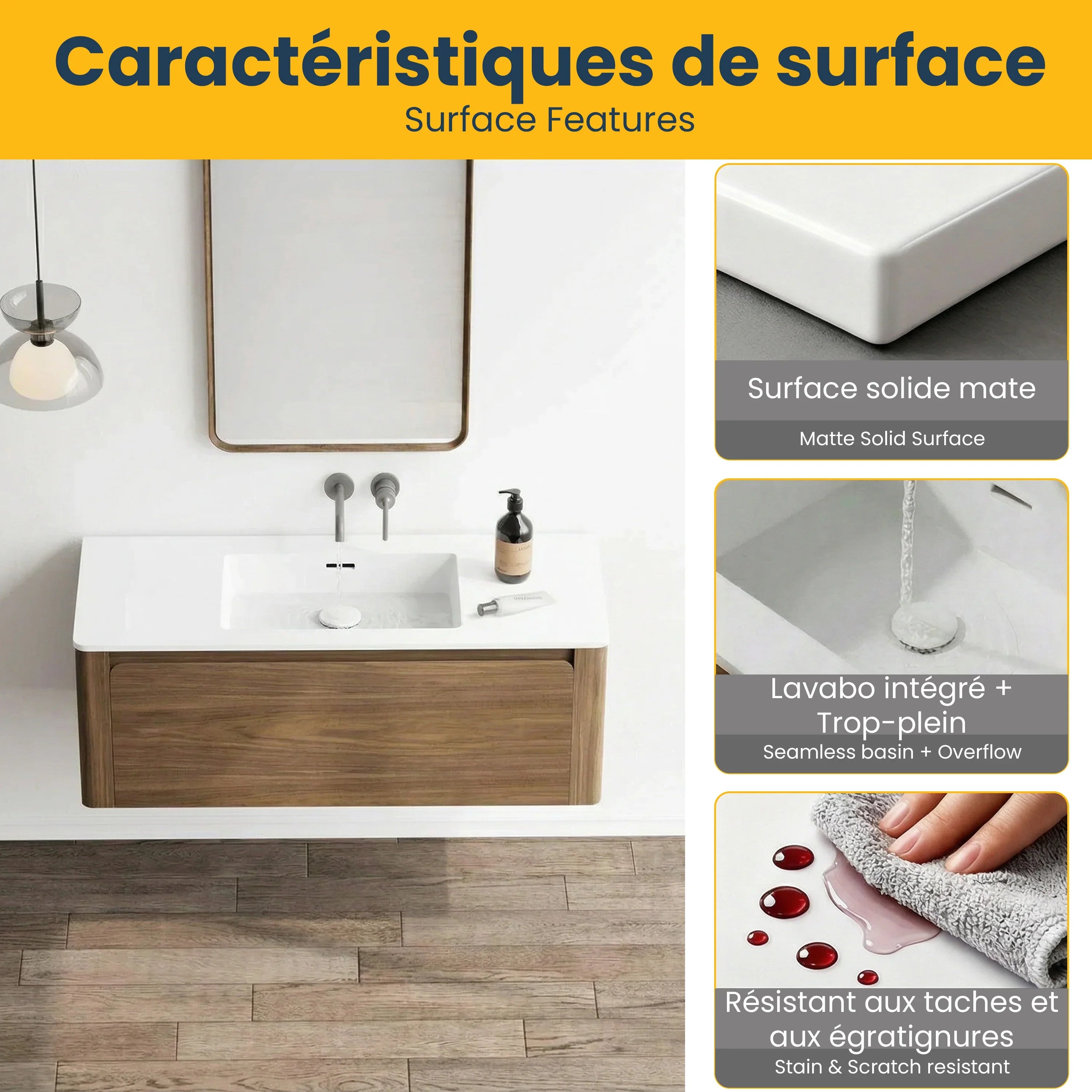 Meuble-Lavabo Mural 48po Noyer avec Comptoir de Surface solide Blanc Mat