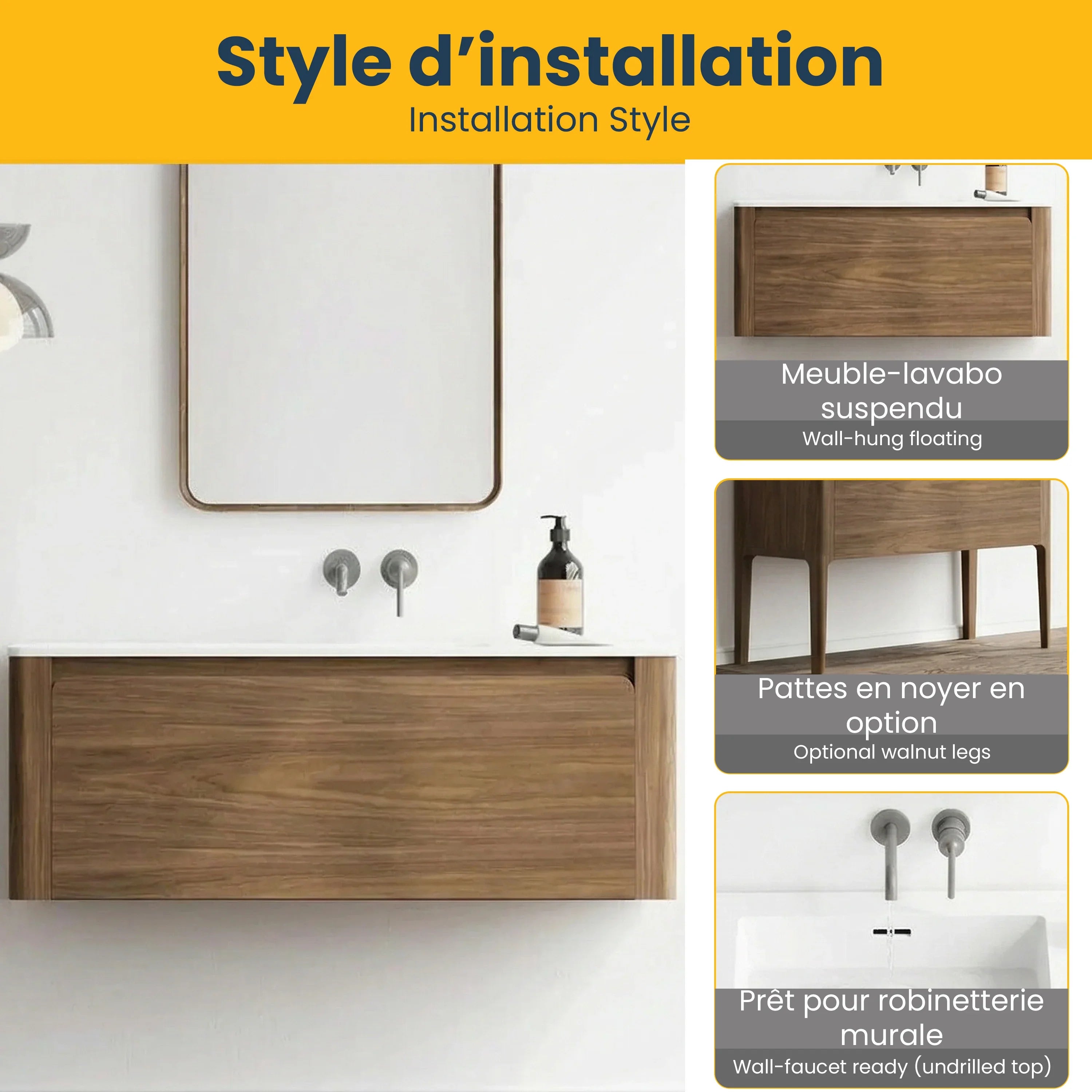 Meuble-Lavabo Mural 48po Noyer avec Comptoir de Surface solide Blanc Mat