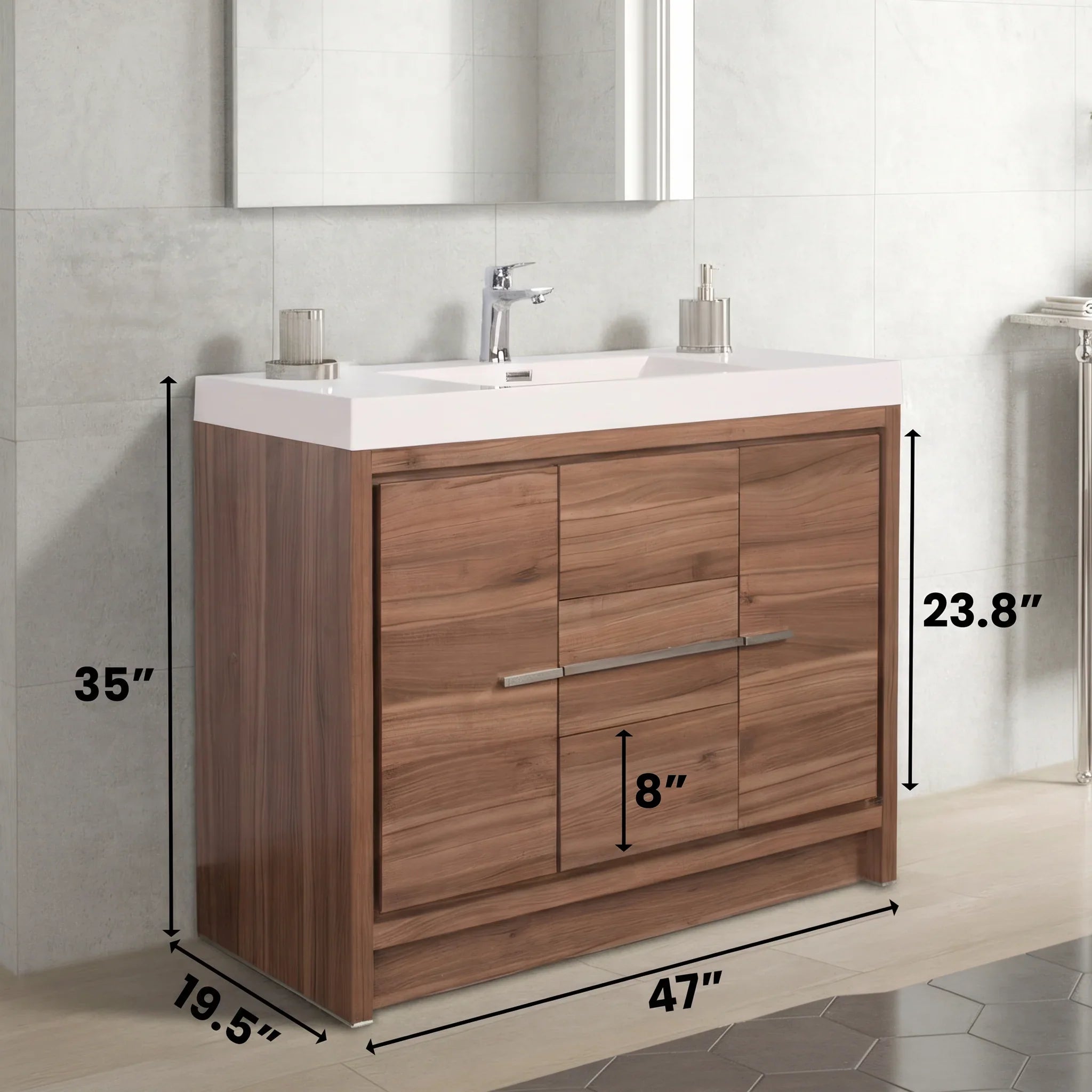 48" Walnut Freestanding Bathroom Vanity with White Polymarble Countertop