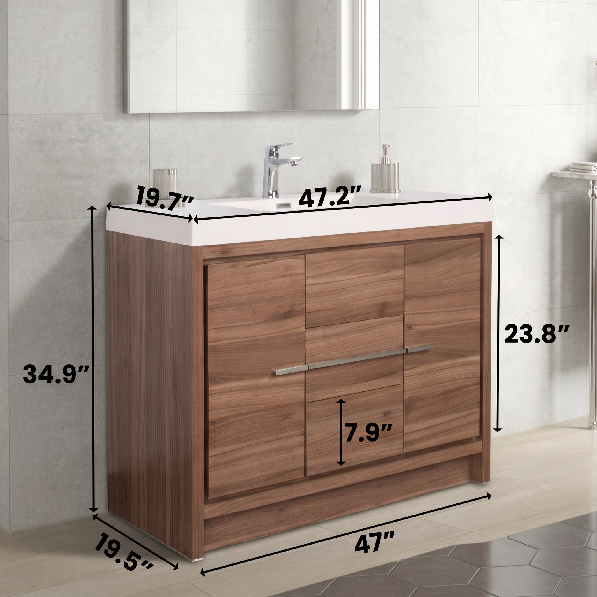 Meuble-Lavabo Autoportant 48po Noyer avec Comptoir de Polymarbre Blanc