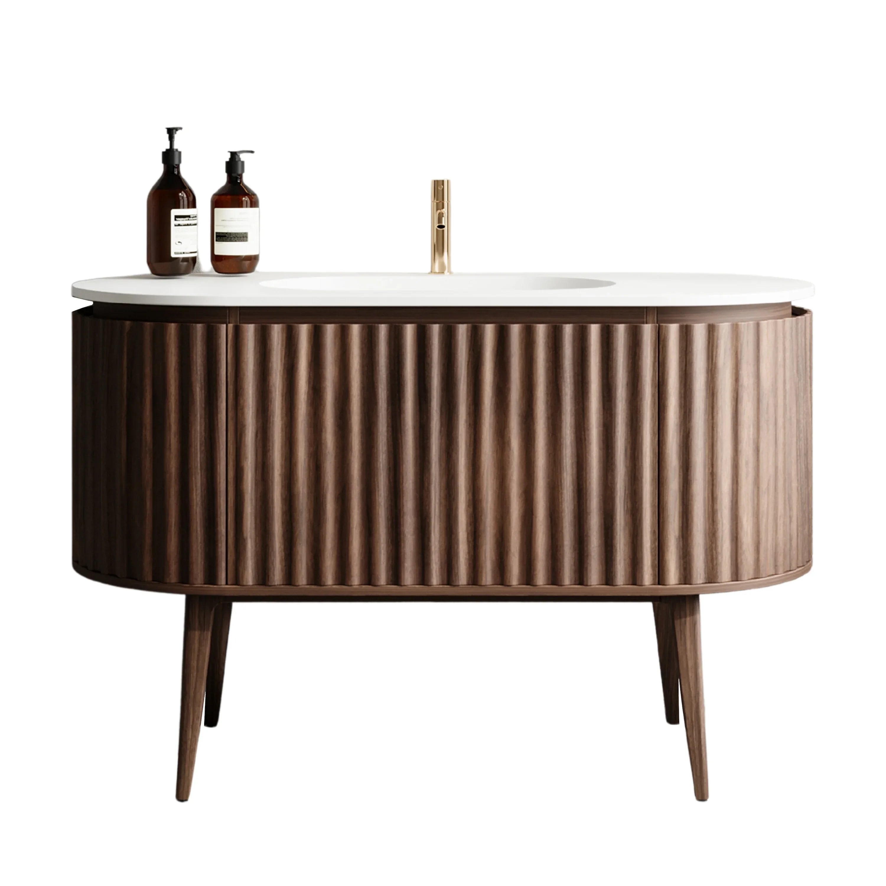 Meuble-lavabo 48 po en noyer courbé et cannelé - Comptoir blanc mat