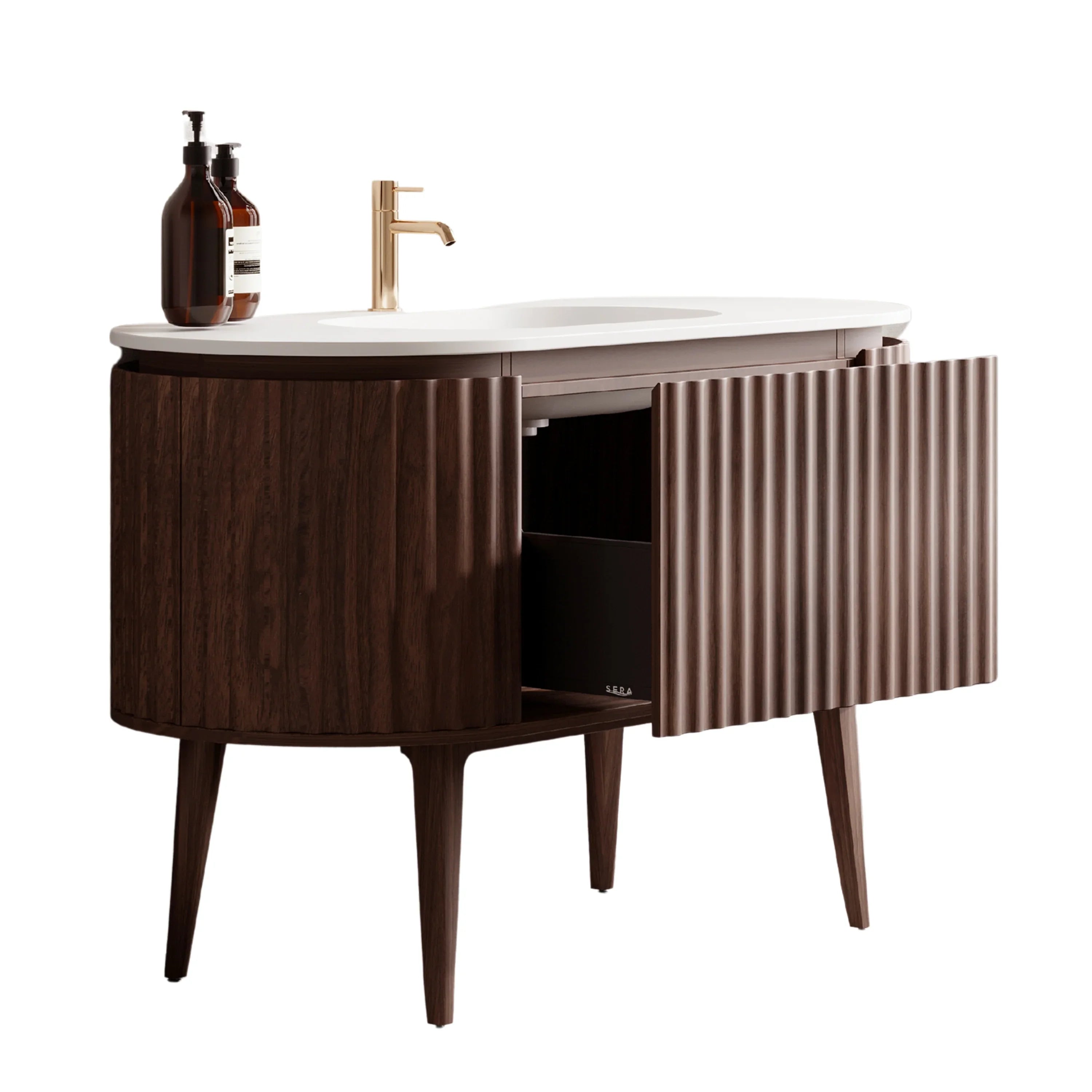 Meuble-lavabo 48 po en noyer courbé et cannelé - Comptoir blanc mat