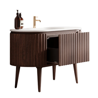 Meuble-lavabo Andorra 48 po en noyer courbé et cannelé - Comptoir blanc mat