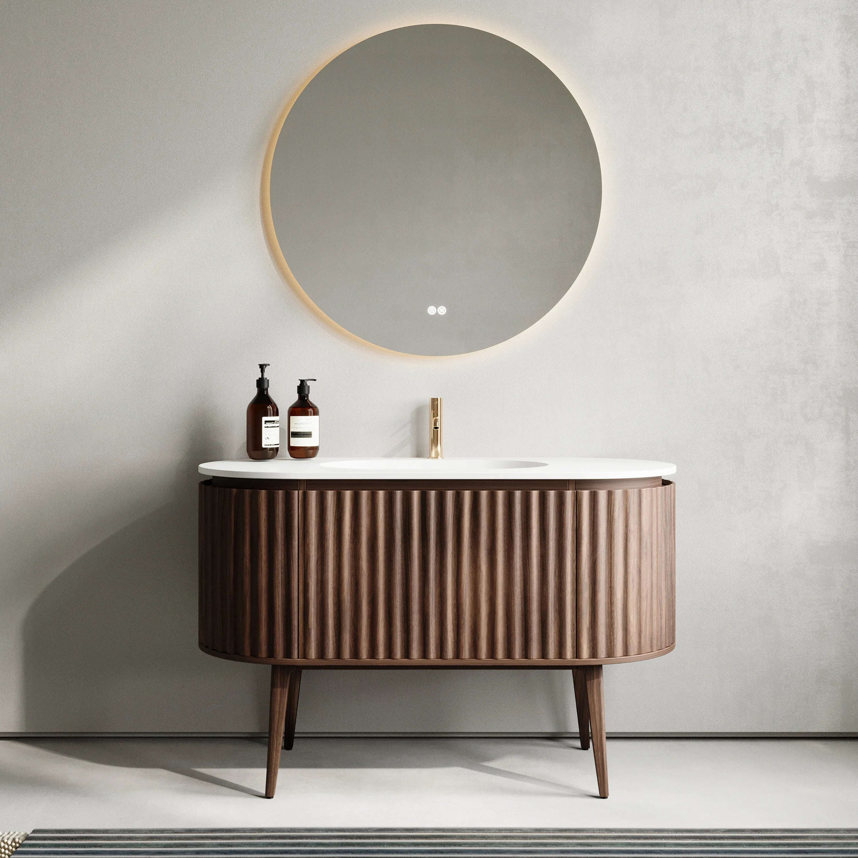 Meuble-lavabo 48 po en noyer courbé et cannelé - Comptoir blanc mat