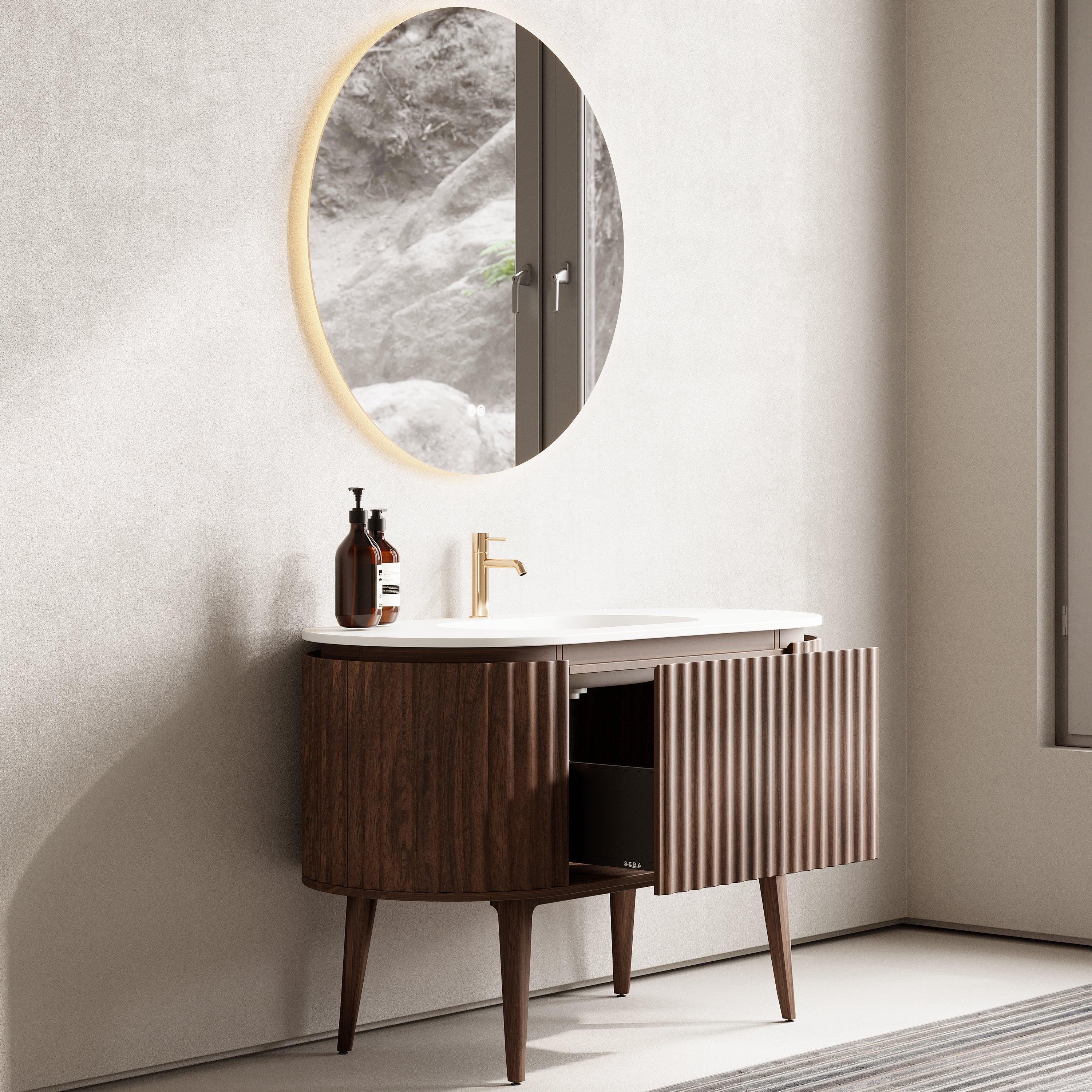 Meuble-lavabo 48 po en noyer courbé et cannelé - Comptoir blanc mat