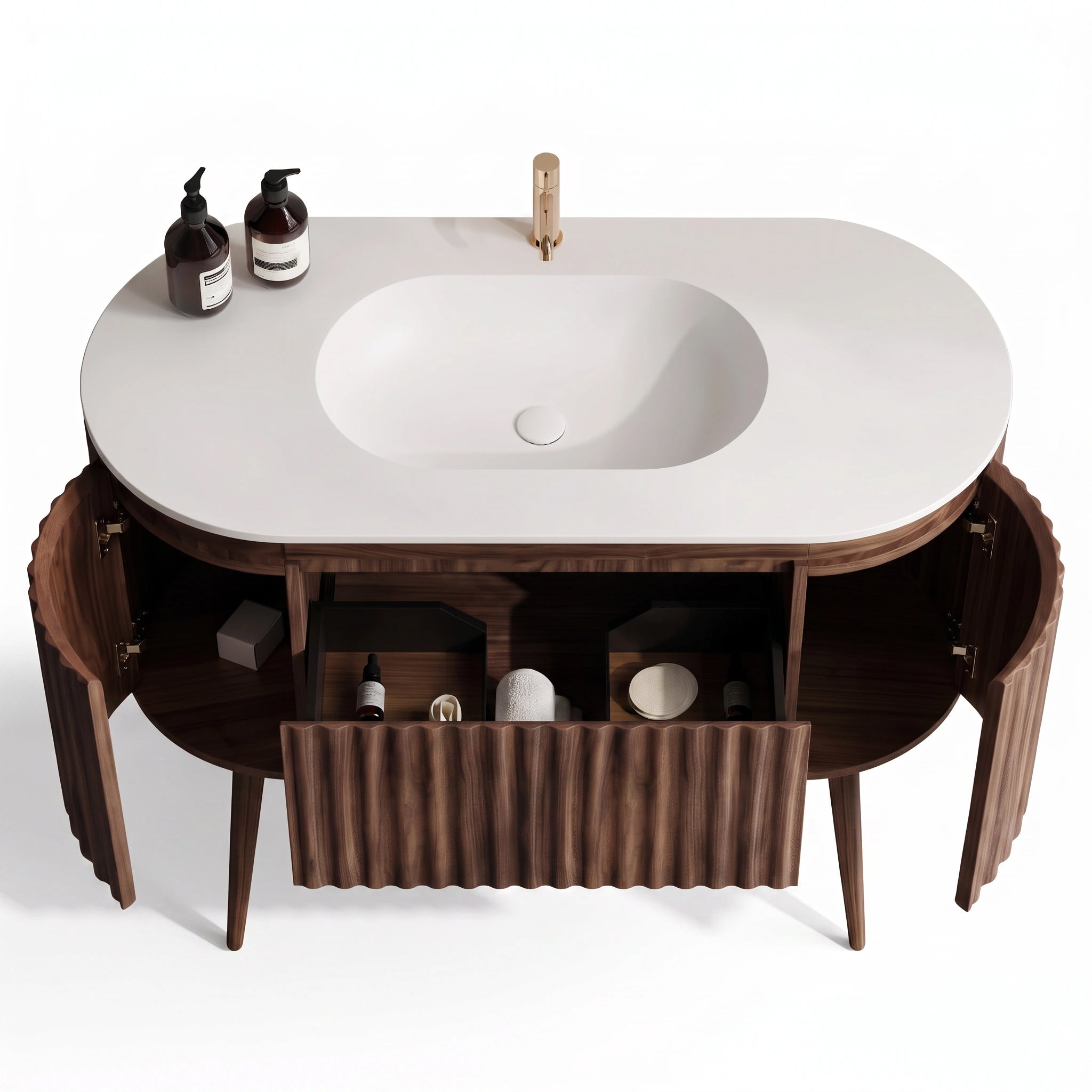Meuble-lavabo 48 po en noyer courbé et cannelé - Comptoir blanc mat