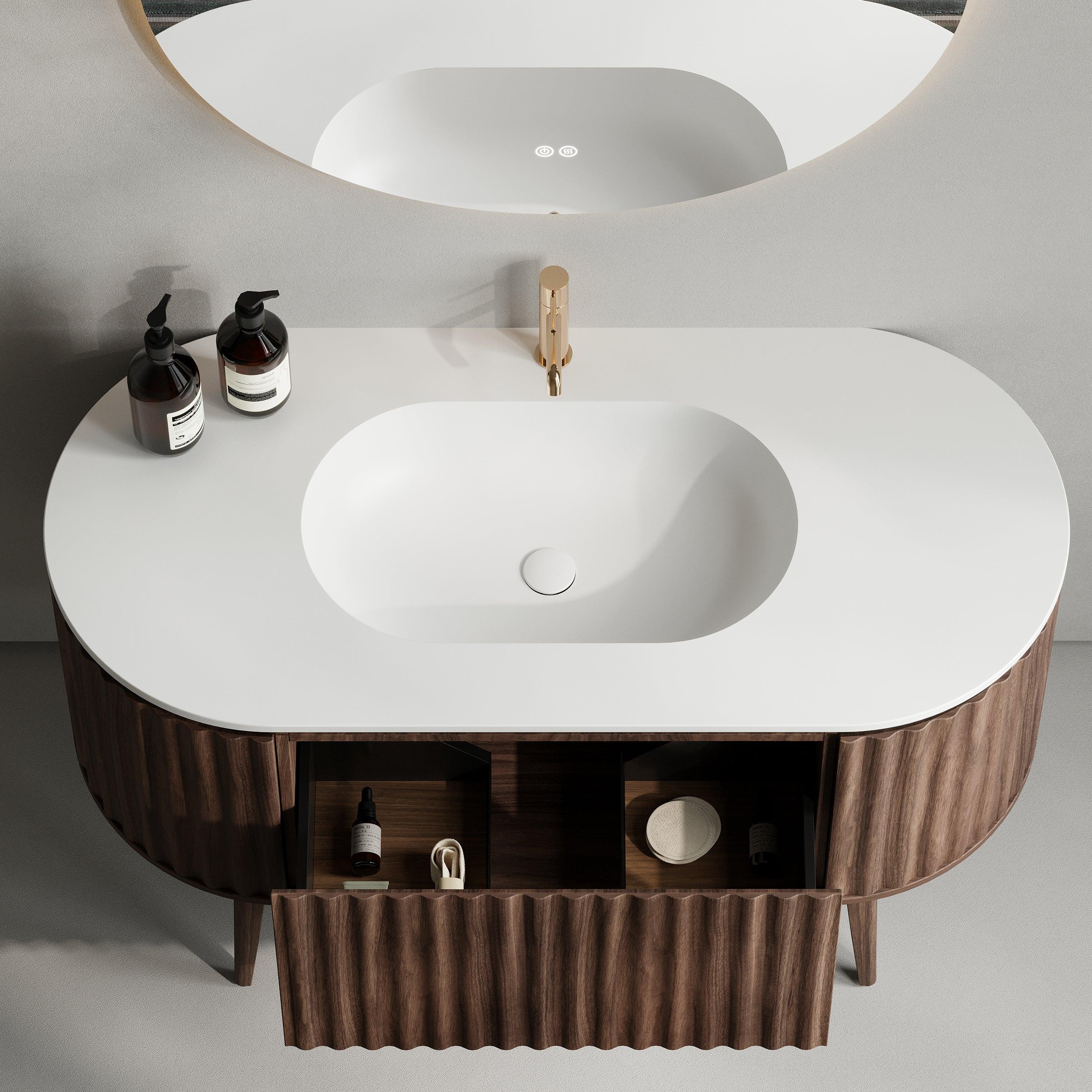 Meuble-lavabo 48 po en noyer courbé et cannelé - Comptoir blanc mat