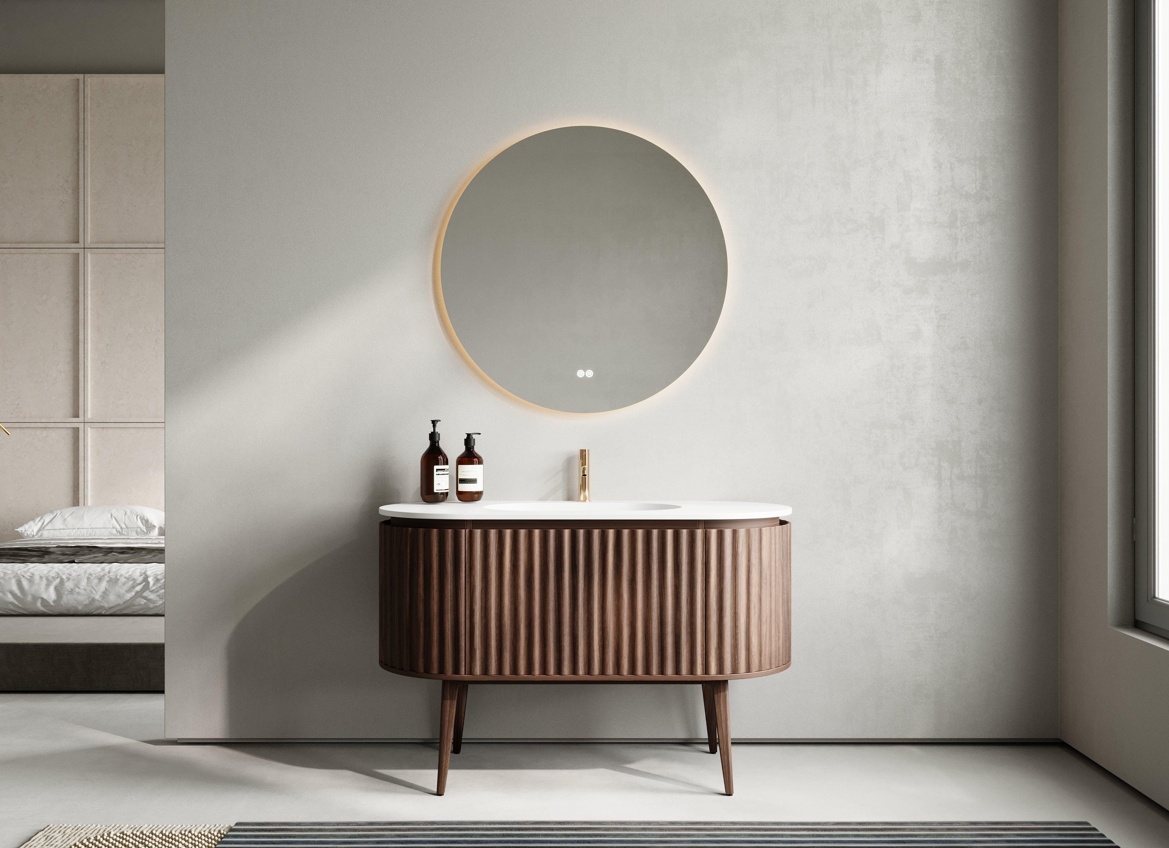 Meuble-lavabo 48 po en noyer courbé et cannelé - Comptoir blanc mat