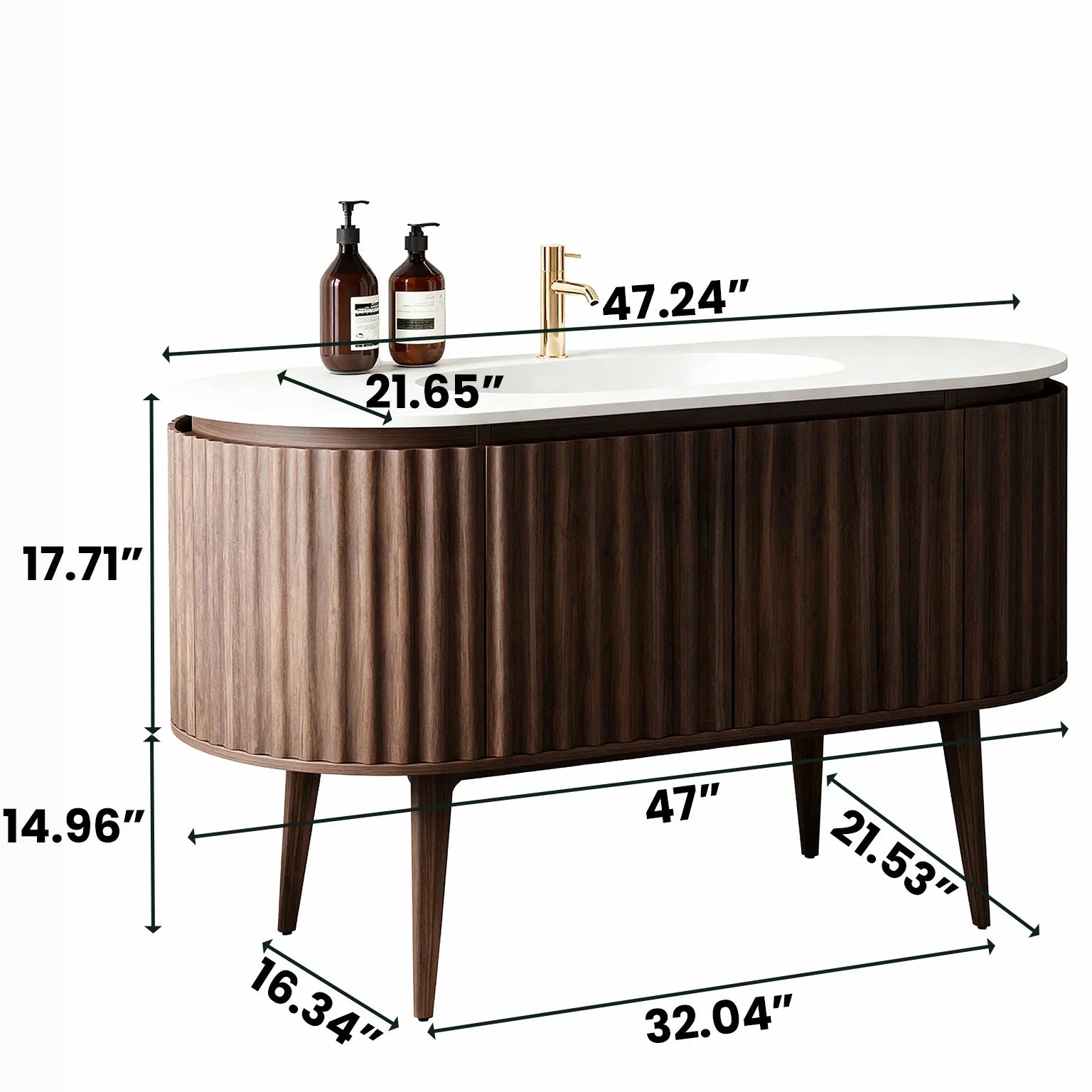 Meuble-lavabo 48 po en noyer courbé et cannelé - Comptoir blanc mat