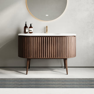 Meuble-lavabo Andorra 48 po en noyer courbé et cannelé - Comptoir blanc mat