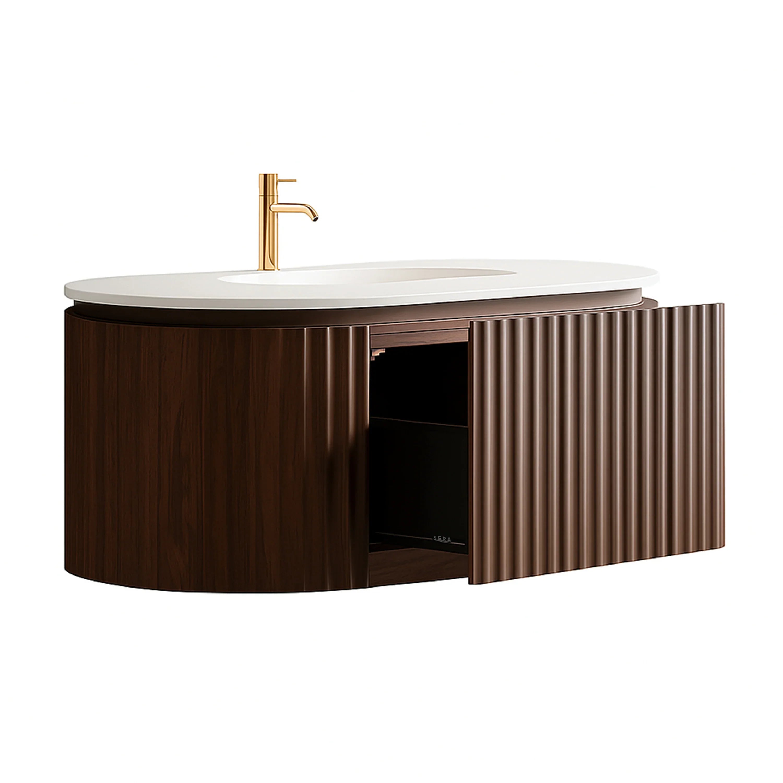 Meuble-lavabo 48 po en noyer courbé et cannelé - Comptoir blanc mat