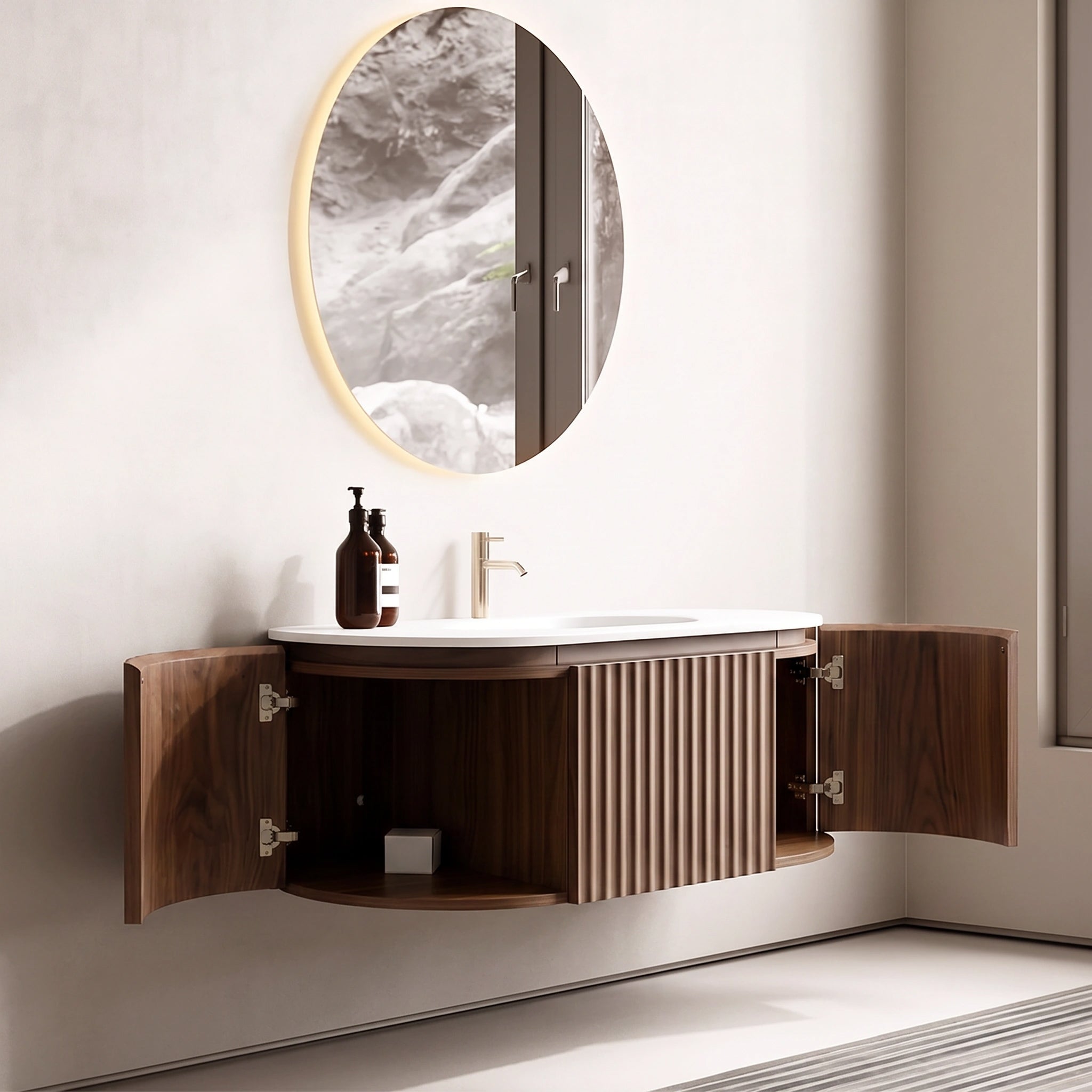 Meuble-lavabo 48 po en noyer courbé et cannelé - Comptoir blanc mat