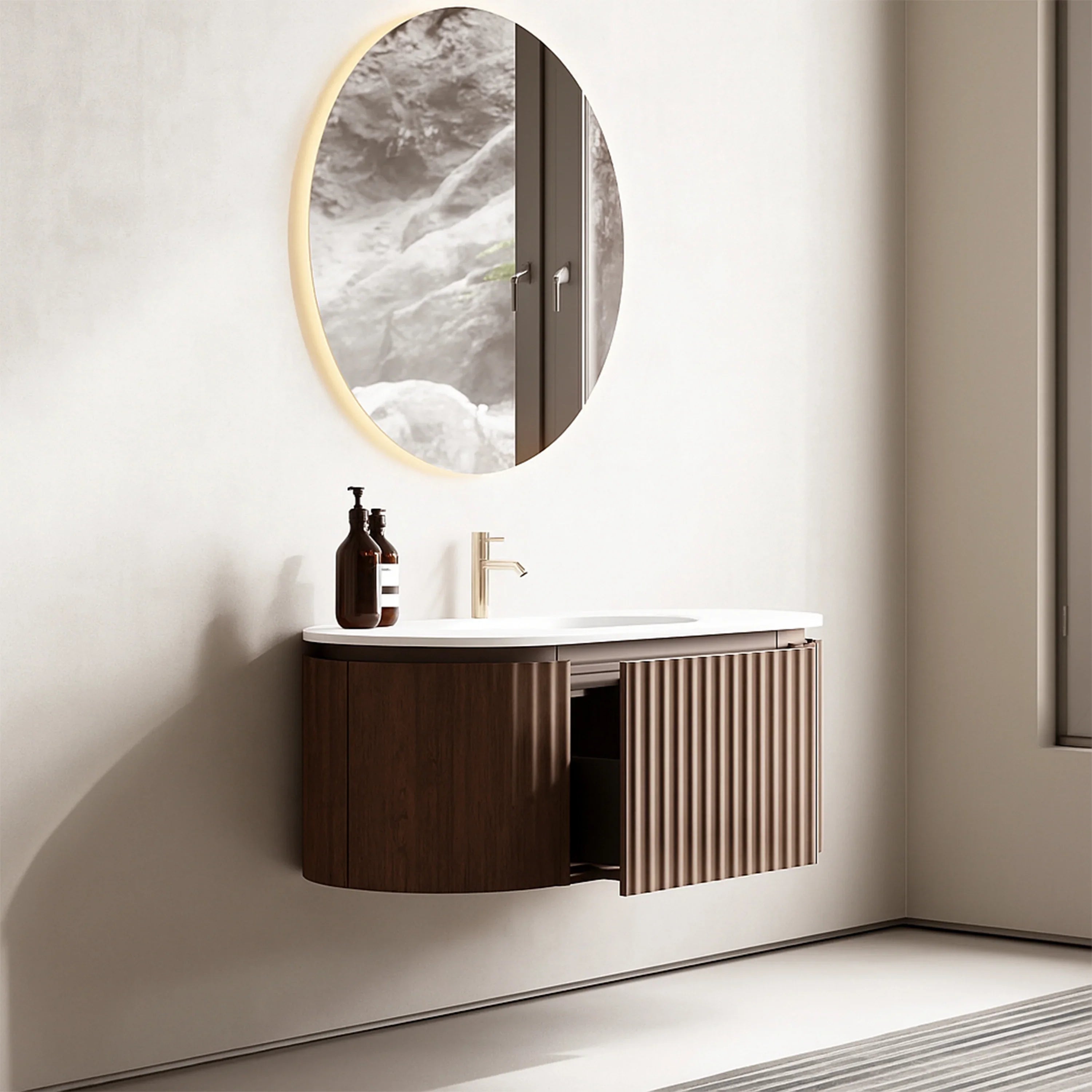 Meuble-lavabo 48 po en noyer courbé et cannelé - Comptoir blanc mat