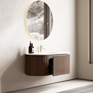 Meuble-lavabo Andorra 48 po en noyer courbé et cannelé - Comptoir blanc mat