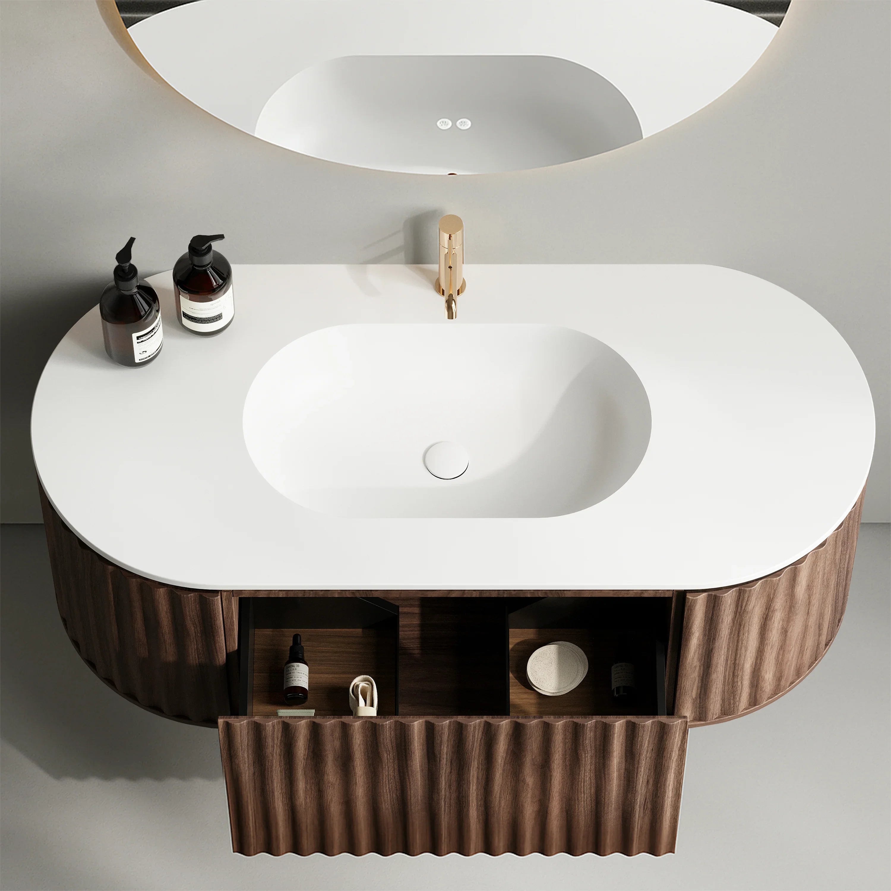 Meuble-lavabo 48 po en noyer courbé et cannelé - Comptoir blanc mat