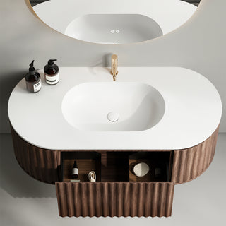 Meuble-lavabo Andorra 48 po en noyer courbé et cannelé - Comptoir blanc mat