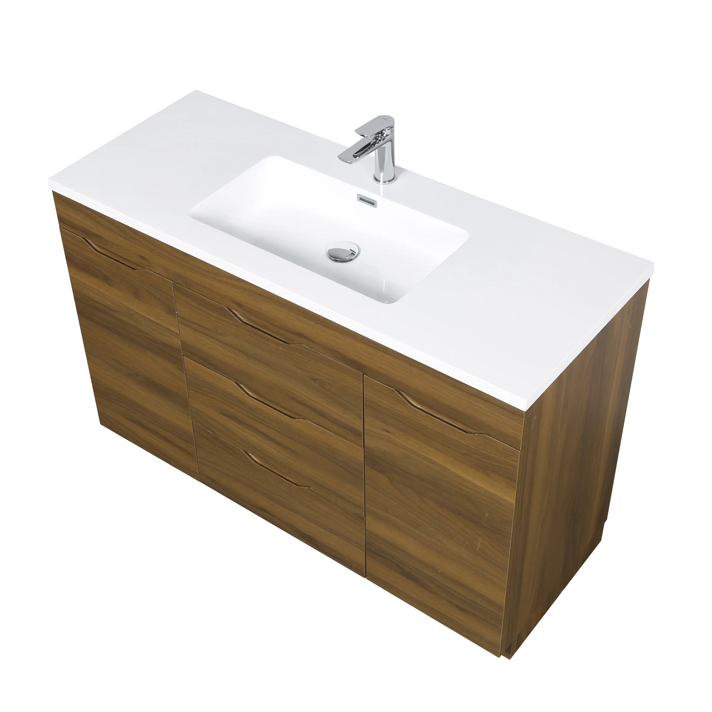 48 Inch Walnut Freestanding Bathroom Vanity with White Polymarble Top