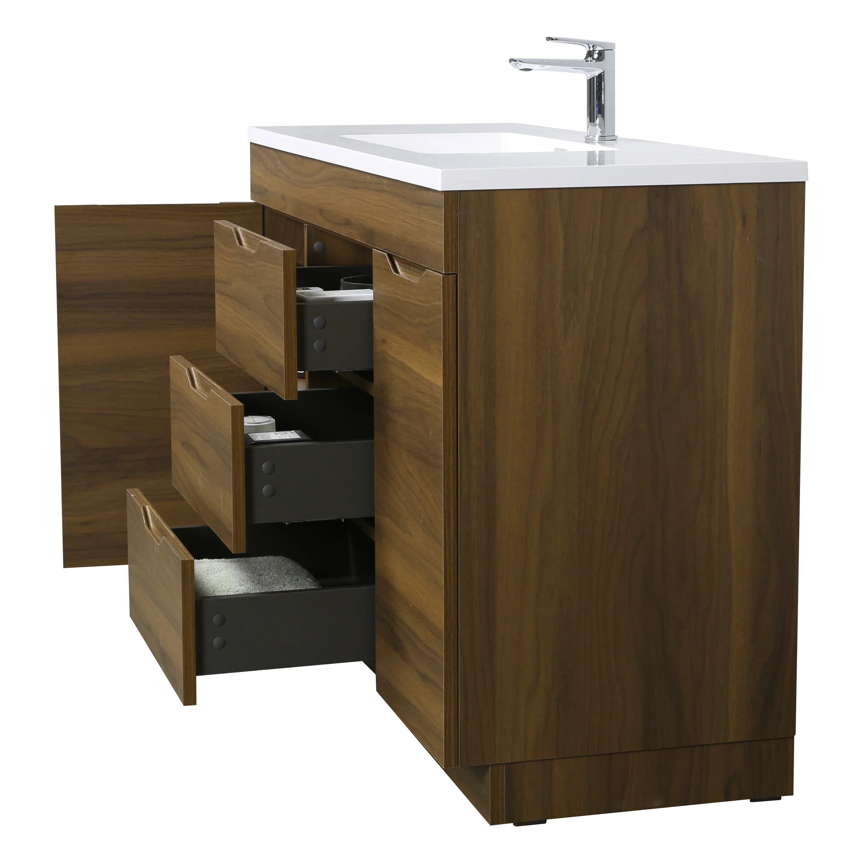 48 Inch Walnut Freestanding Bathroom Vanity with White Polymarble Top