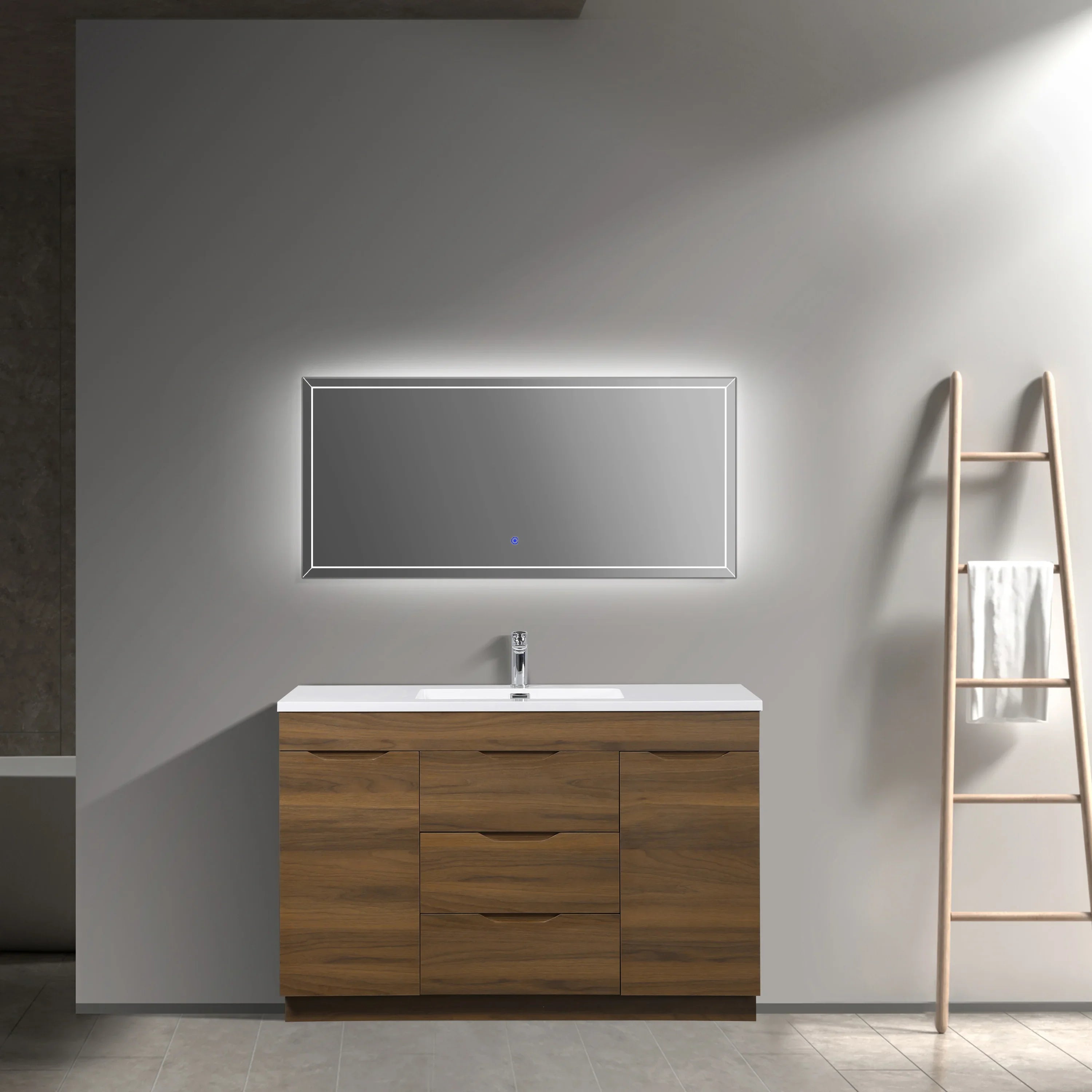 48 Inch Walnut Freestanding Bathroom Vanity with White Polymarble Top