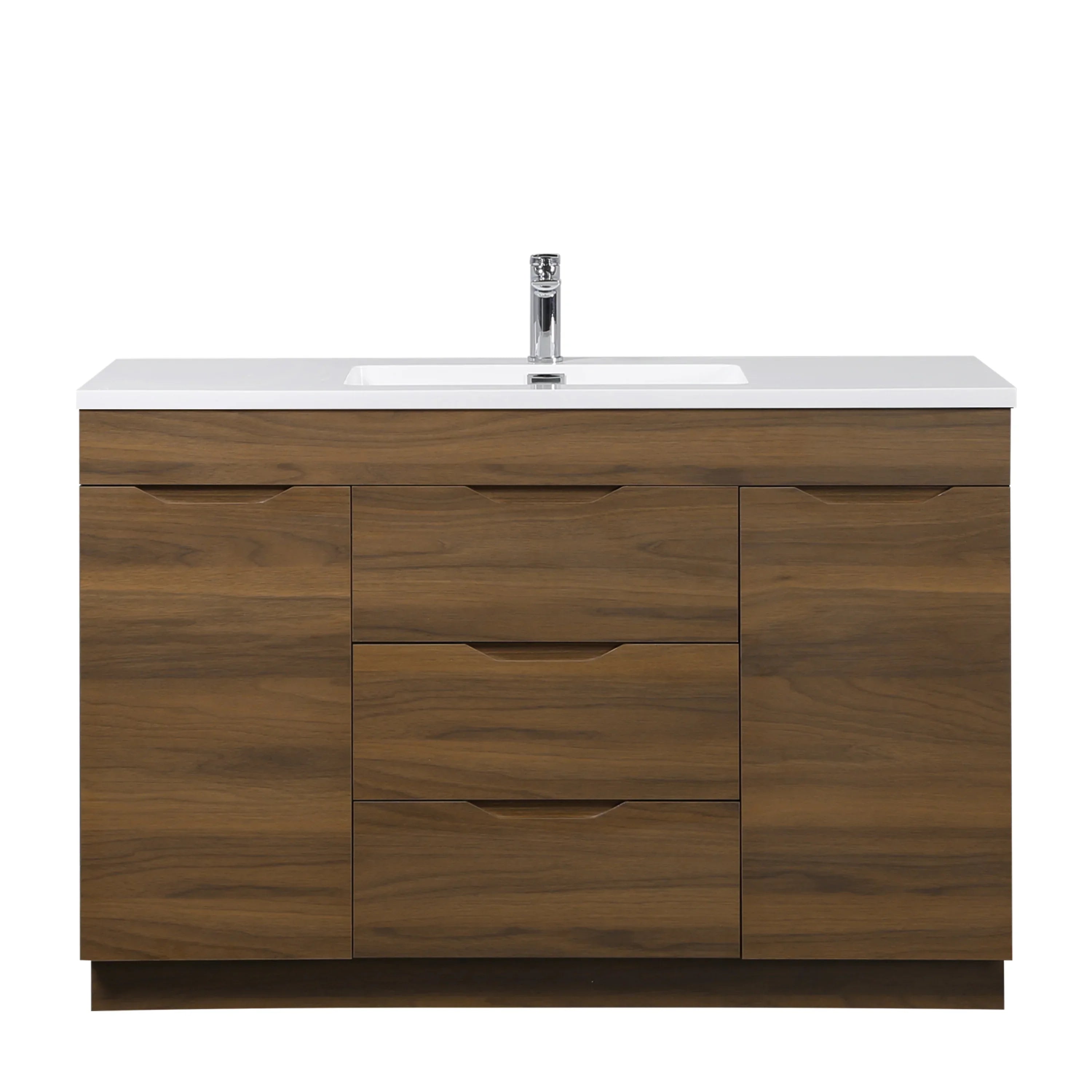 48 Inch Walnut Freestanding Bathroom Vanity with White Polymarble Top